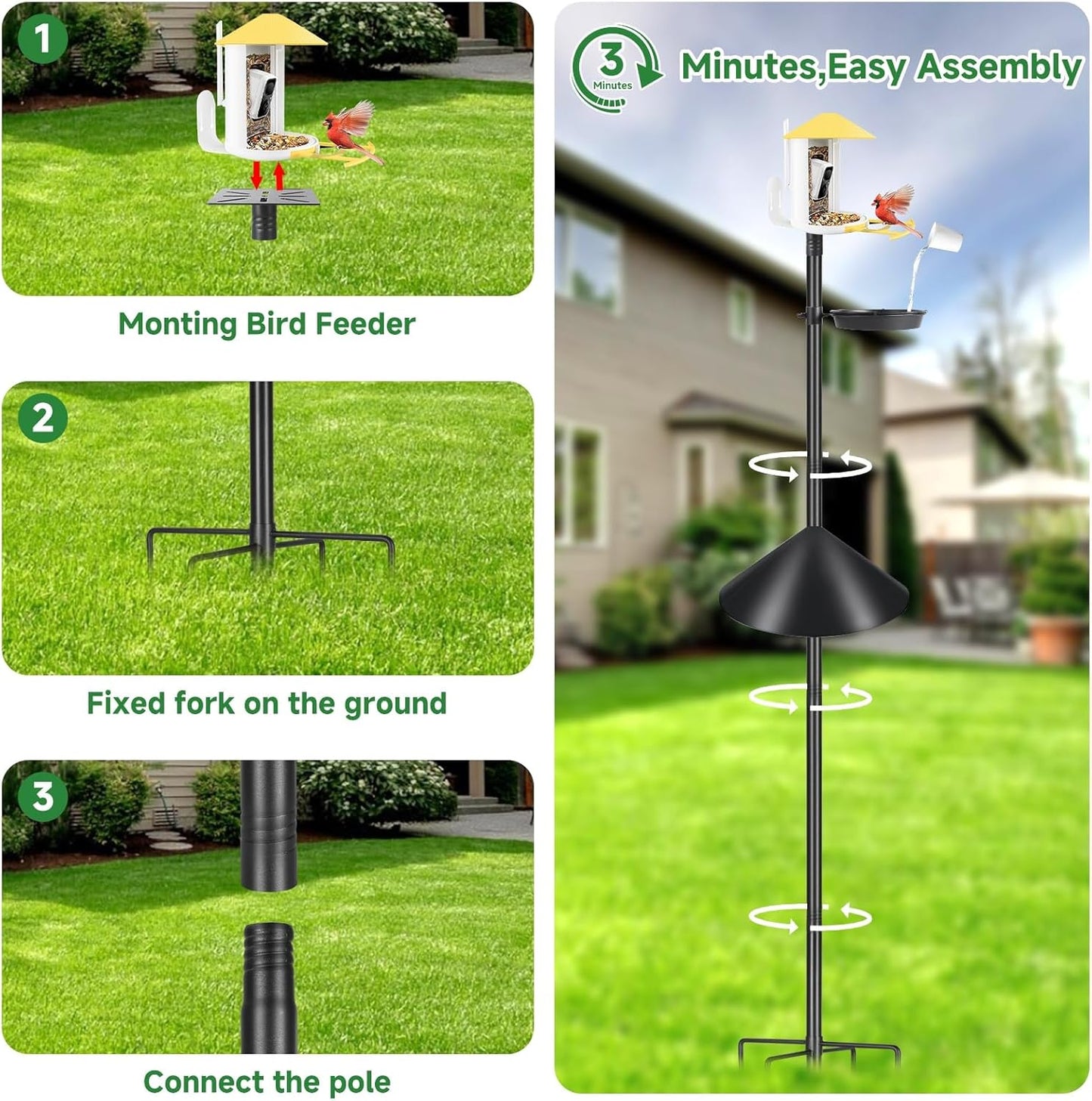 Smart Bird Feeder Pole with Squirrel Baffle & Bath-Heavy Duty Adjustable 3-6.6ft Universal Stand Mount for Backyard&Outdoor Bird Houses/Cameras (80'Pole-Baffle-Bath)