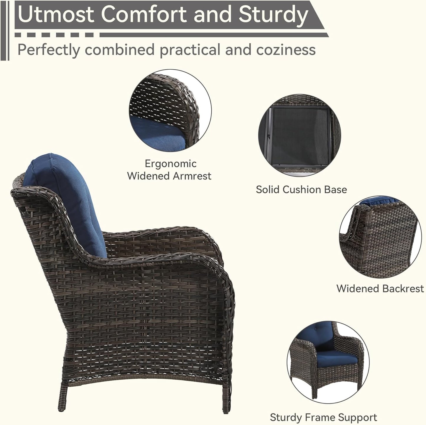 3 Pieces Outdoor Patio Chairs Set - Wicker Patio Conversation Sets with 1 Side Table, Olefin Fabric Cushions Suitable for Backyard Deck and Porch,Blue