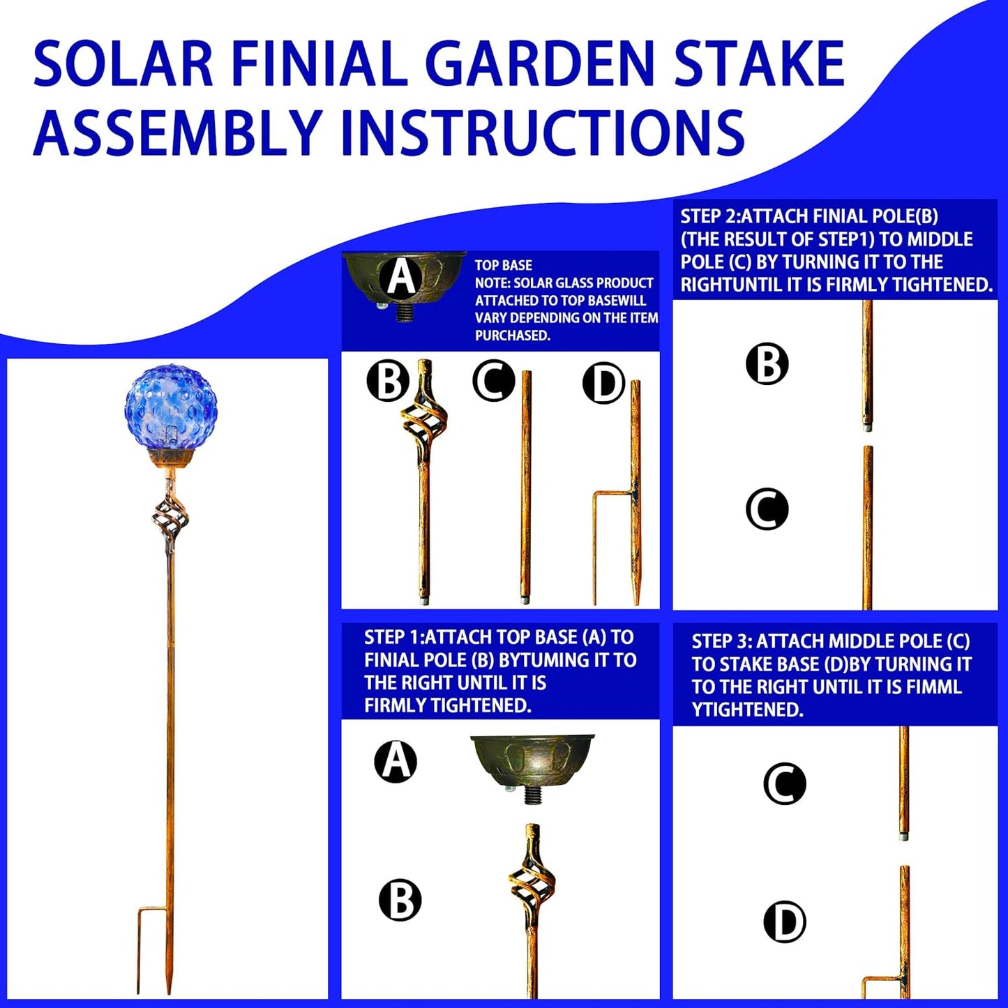 Garden Solar Lights, Decorative LED Honeycomb Glass Ball Garden Stake, Glass and Metal Outdoor Decoration, 4 x 31 Inch (Dark Blue)