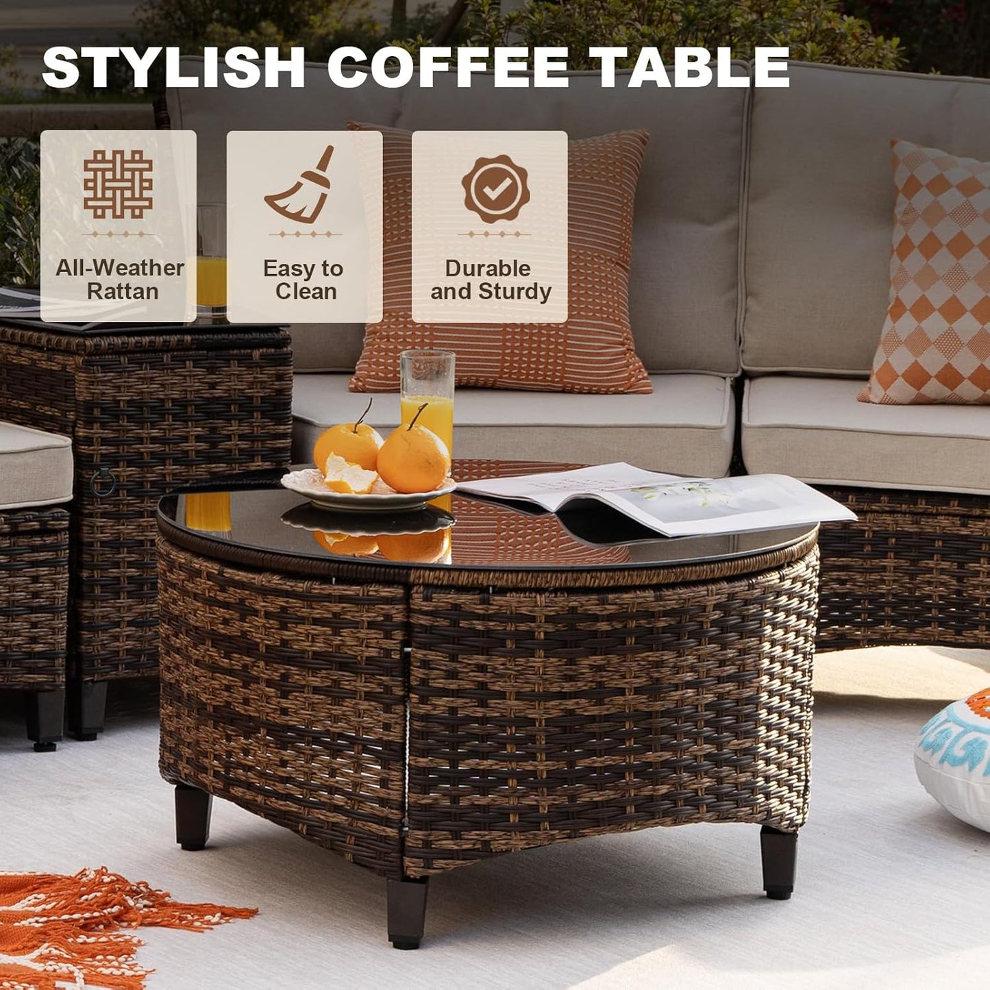 9 Piece Outdoor Patio Furniture Set, Half-Moon Curved Sectional Sofa Rattan Conversation Set with Wood Armrests, Coffee Table & Side Table(Brown)