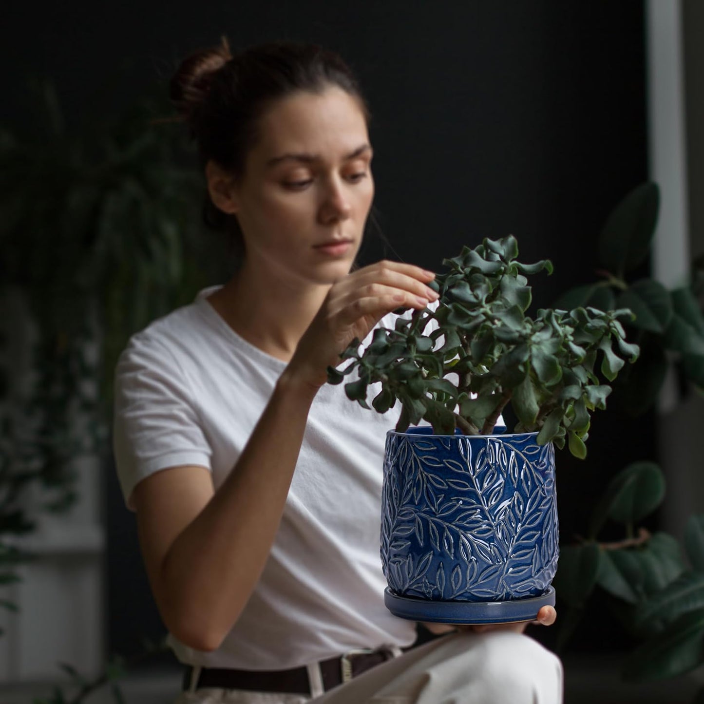 D'vine Dev 6 Inch Embossed Leaves Stoneware Planter Pot with Drainage Hole and Saucer, Midnight Blue, 27-A-X-3