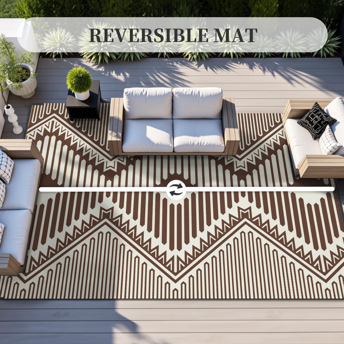 MontVoo Outdoor Rug-Waterproof Patio Rug Mat 5x8 Outdoor Carpet Mat Reversible Plastic Straw Outside Outdoor Rug for RV Camping Picnic Balcony Backyard Pool Deck Porch Modern Boho Beige Brown