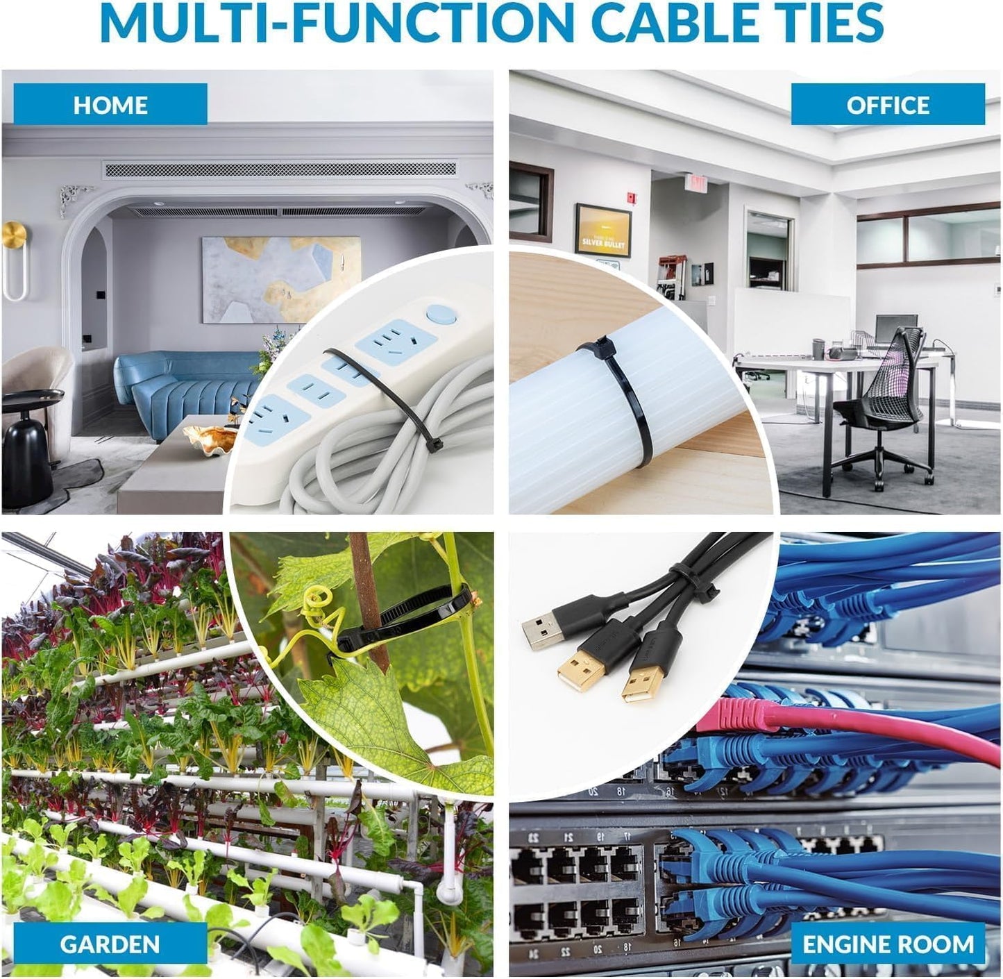 XINGO 14 Inch Blue Zip Ties Heavy Duty 100 Pack, 120 LBS Tensile Strength, Premium Nylon Cable Wire Ties, Self-locking Plastic Ties for Indoor and Outdoor Use