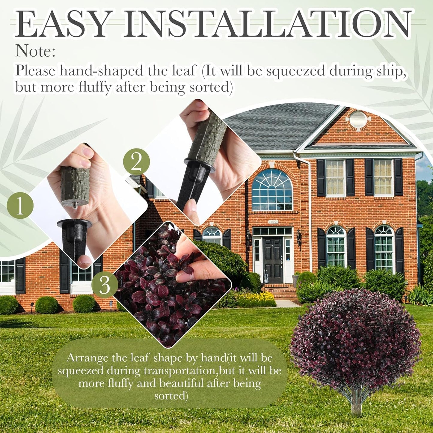 Yunlly 2 Pack 18" Artificial Boxwood Ball Bush Topiary Trees Fake Outdoor Plants, Realistic UV Resistance Faux Shrubs with Spike Greenery Topiary for Front Porch Garden Yard Patio Indoor (Dark Purple)