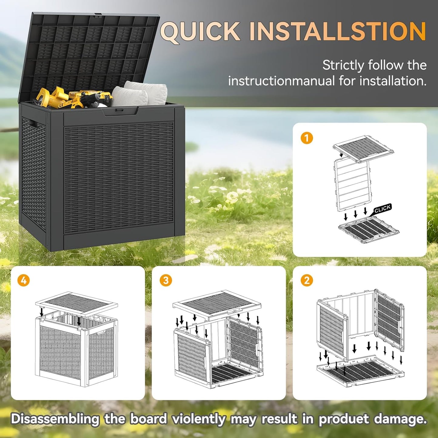 NUNU LAB 30 Gallon Waterproof Outdoor Storage Box, Lockable Resin Deck Box Bench for Patio Cushions, Garden Tools, Pool Accessories & Package Deliveries â Black