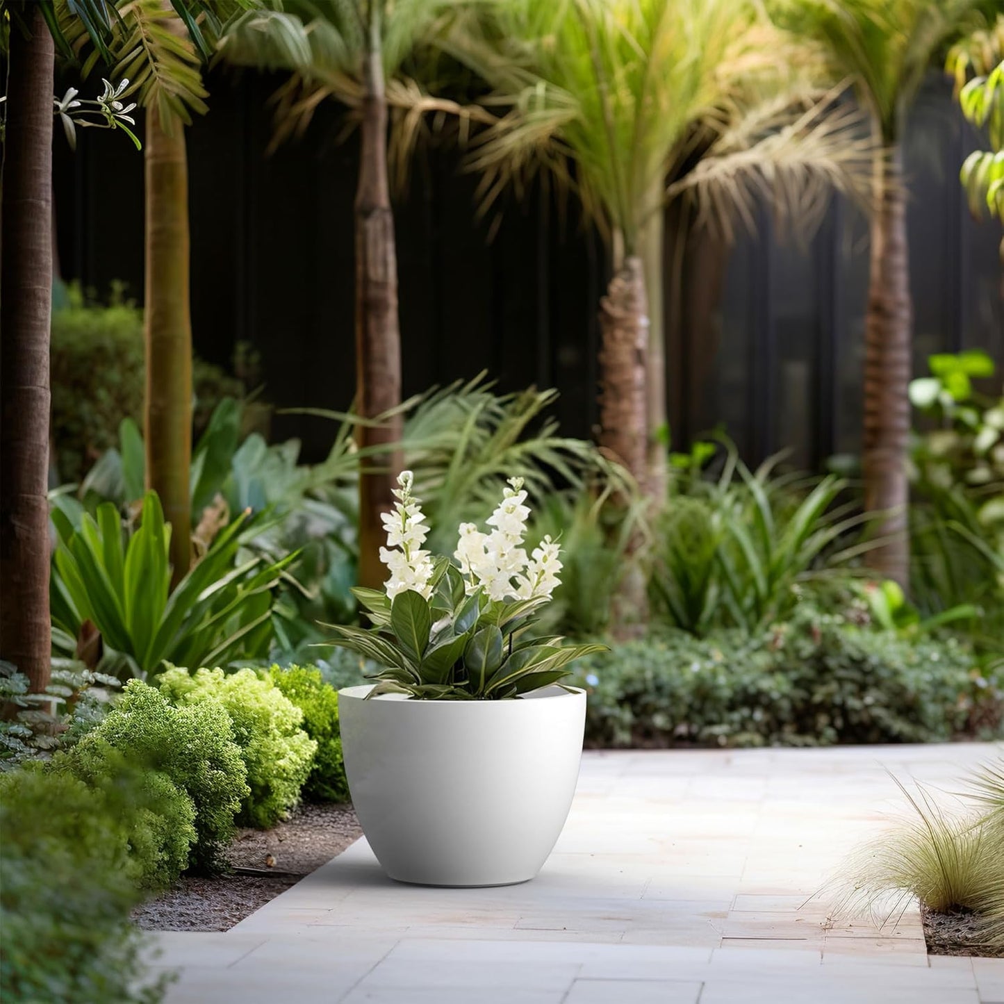 Kante 17.3 Inch Round Concrete Planter - Classic Large Indoor/Outdoor Plant Pot with Drainage Hole and Rubber Plug, Suitable for Gardens and Patios, White Finish with Aqua Blue Interior