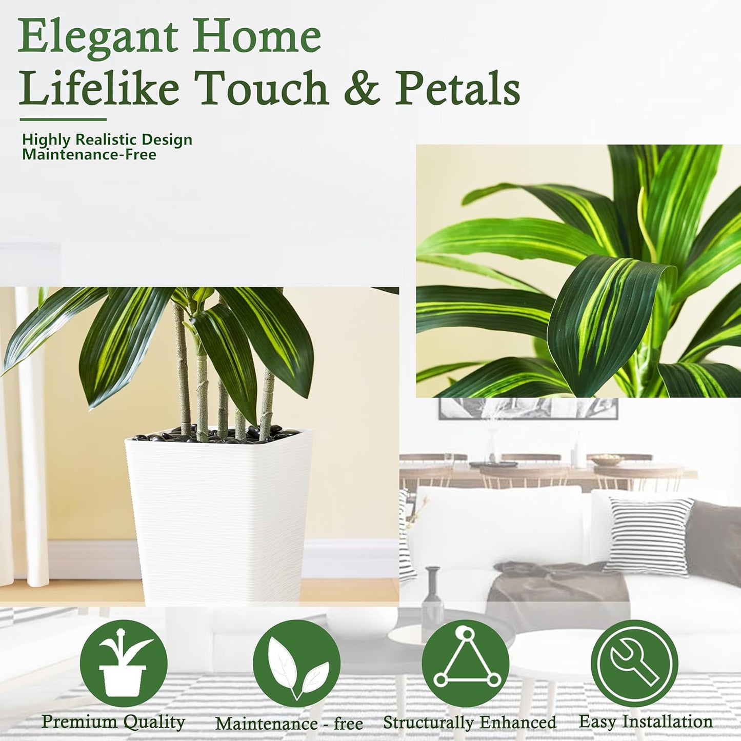 Artificial Dracaena Tree:5FT Faux Silk Tropical Yucca Floor Trees Realistic Fake Green Plant with Natural Wood Trunk & Lifelike Leaves for Home Office Decor Indoor & Outdoor (5FT,1-Pack,White)