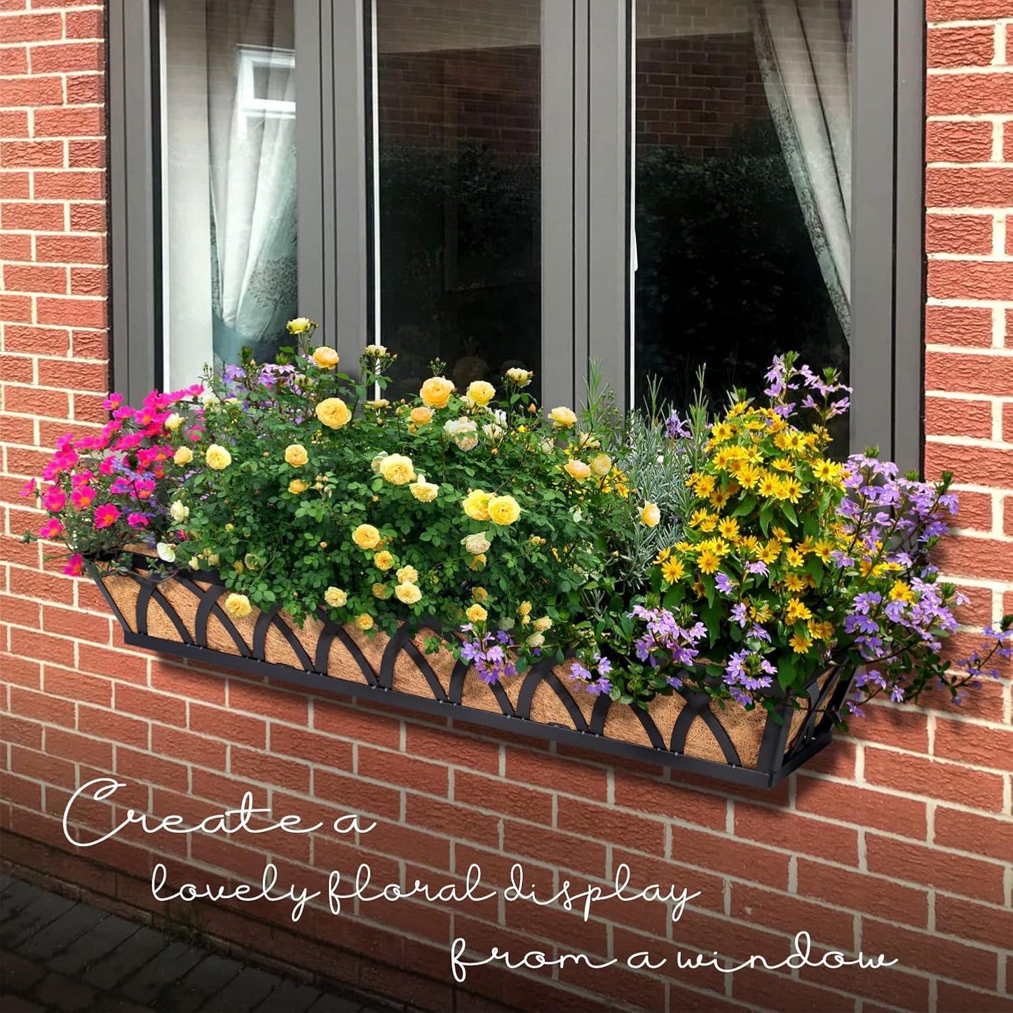 Window Box Railing, 32 Inch Black Metal Hanging Flower Planter Basket with Coco Liner for Outdoor Balcony Porch Fence Patio for Home, Office and Hotel (Black - 4 Pcs/Set)