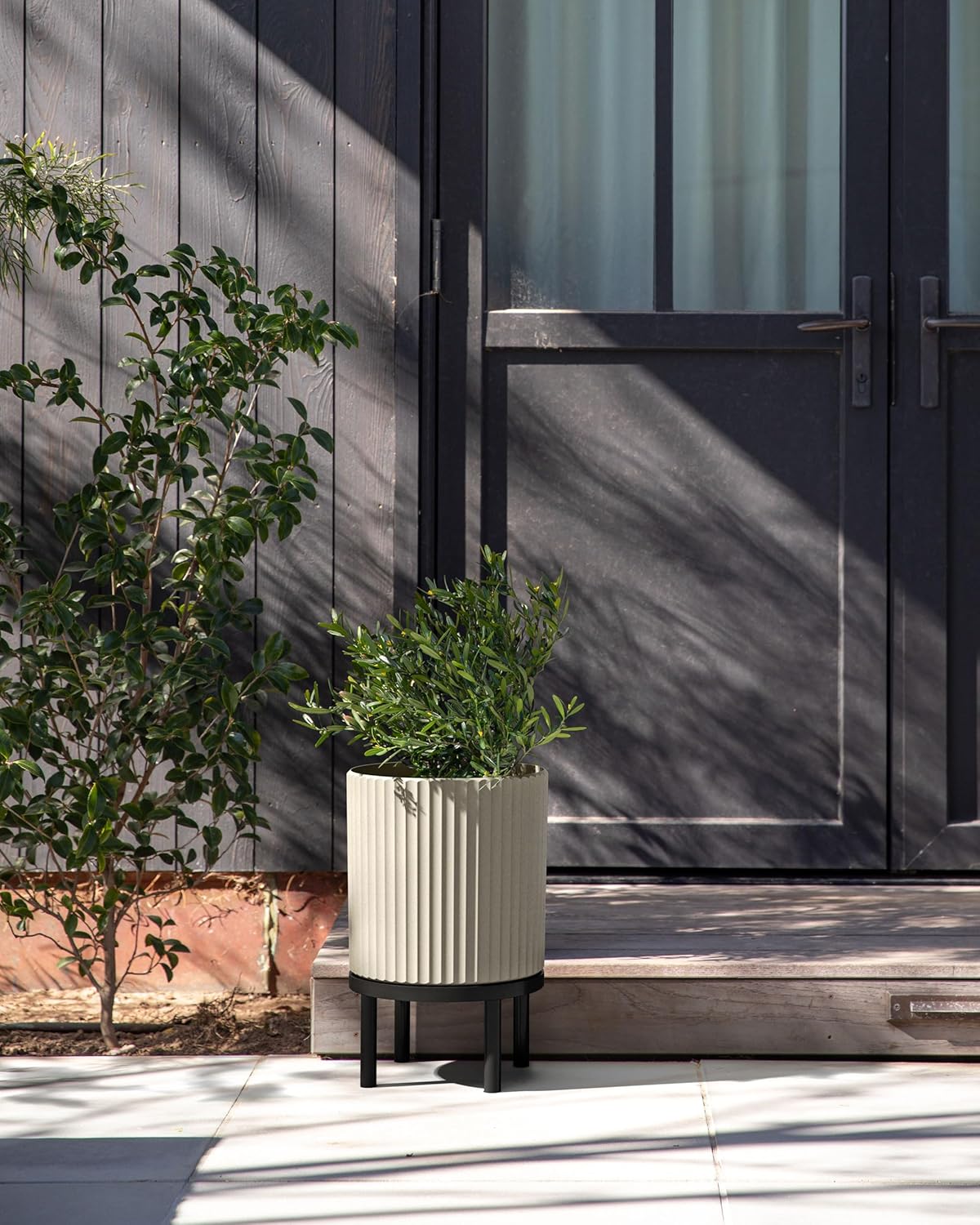 Veradek Demi Series Round Planter w/ Stand for Porch/Patio | Durable Plastic-Concrete & Wooden Stand | Modern Décor for Tall Plants, Flowers