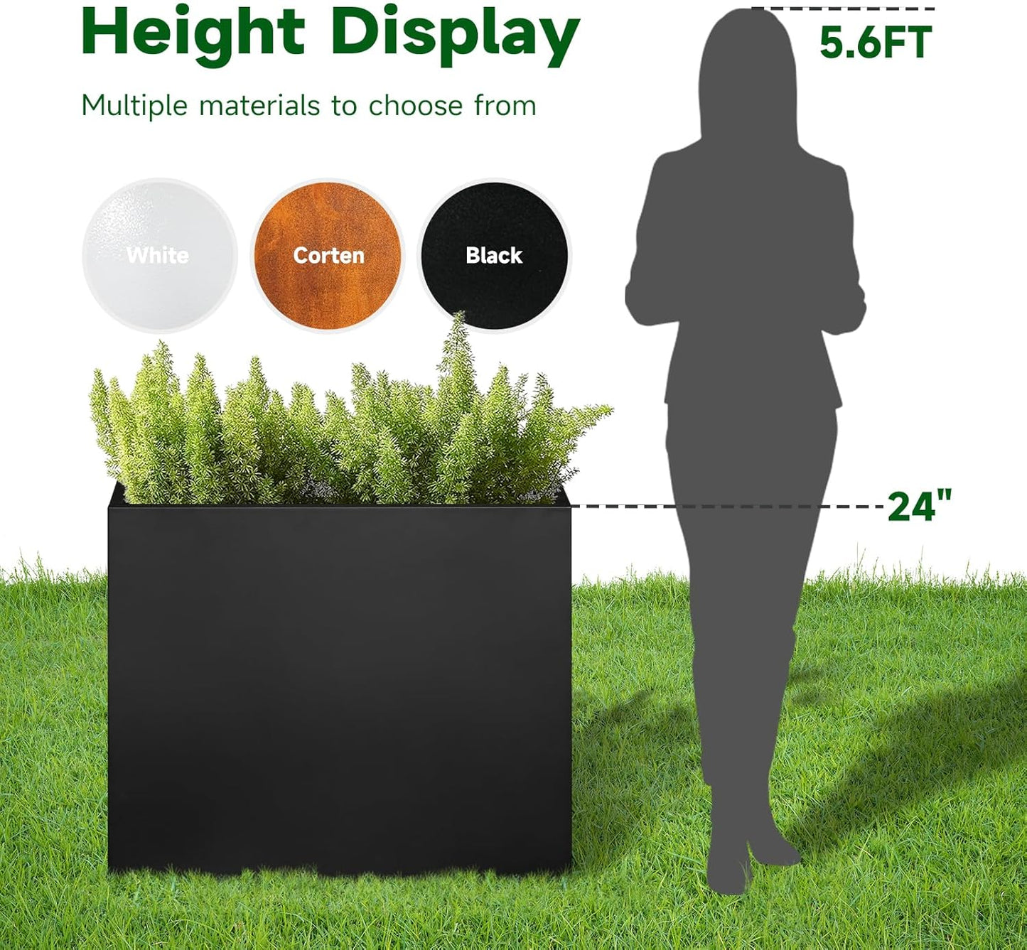 Black Steel Metallic Heavy Planter for Outdoor Plants 24"x10"x24" Metal Garden Planter Spliced Flower Pot with Partitions for Outside,Indoor,Garden (Black, 24 * 10 * 24)
