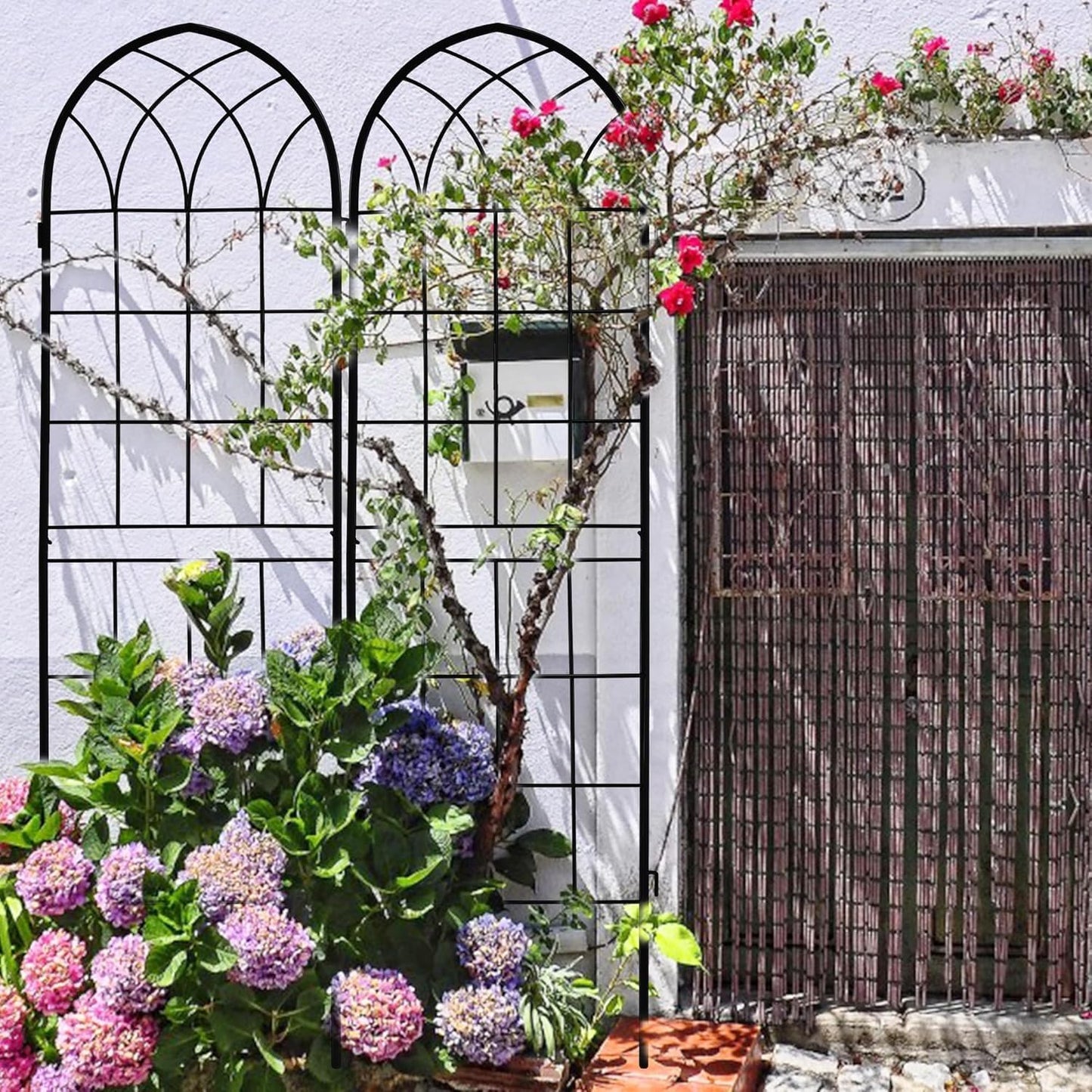 LZRS 4 Pack 71x20in Rustic Iron Arch Decoration Garden Trellis with Black Metal Coating – Perfect for Supporting Climbing Plants Outdoor, Roses, Vines, Flowers, and Vegetables.