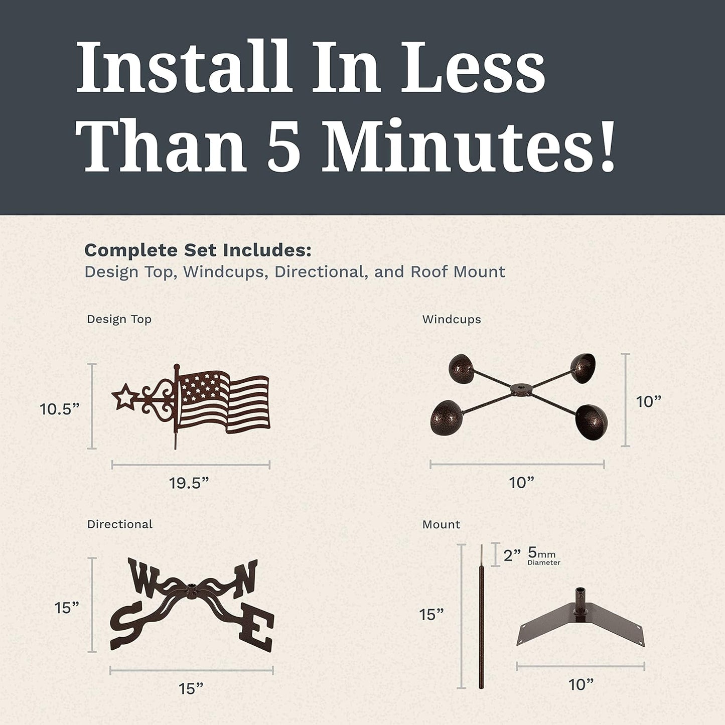 EZ Vane Steel USA Flag Weathervane 21” Height, Includes Metal Roof Mount, Wind Cups & Brackets | Hand-Crafted and Family-Owned, Made in The USA with Triple Powder Coating, Limited