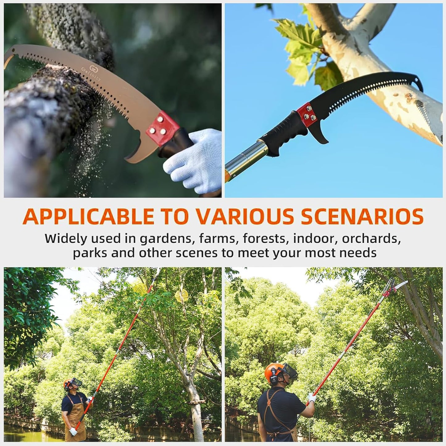 27FT Manual Pole Saw, Tree Branch Trimmer with 8-Section Fiberglass Handle, Sharp Steel Blade and Scissors, Lightweight Extendable Design for High Branch Trimming,Orange