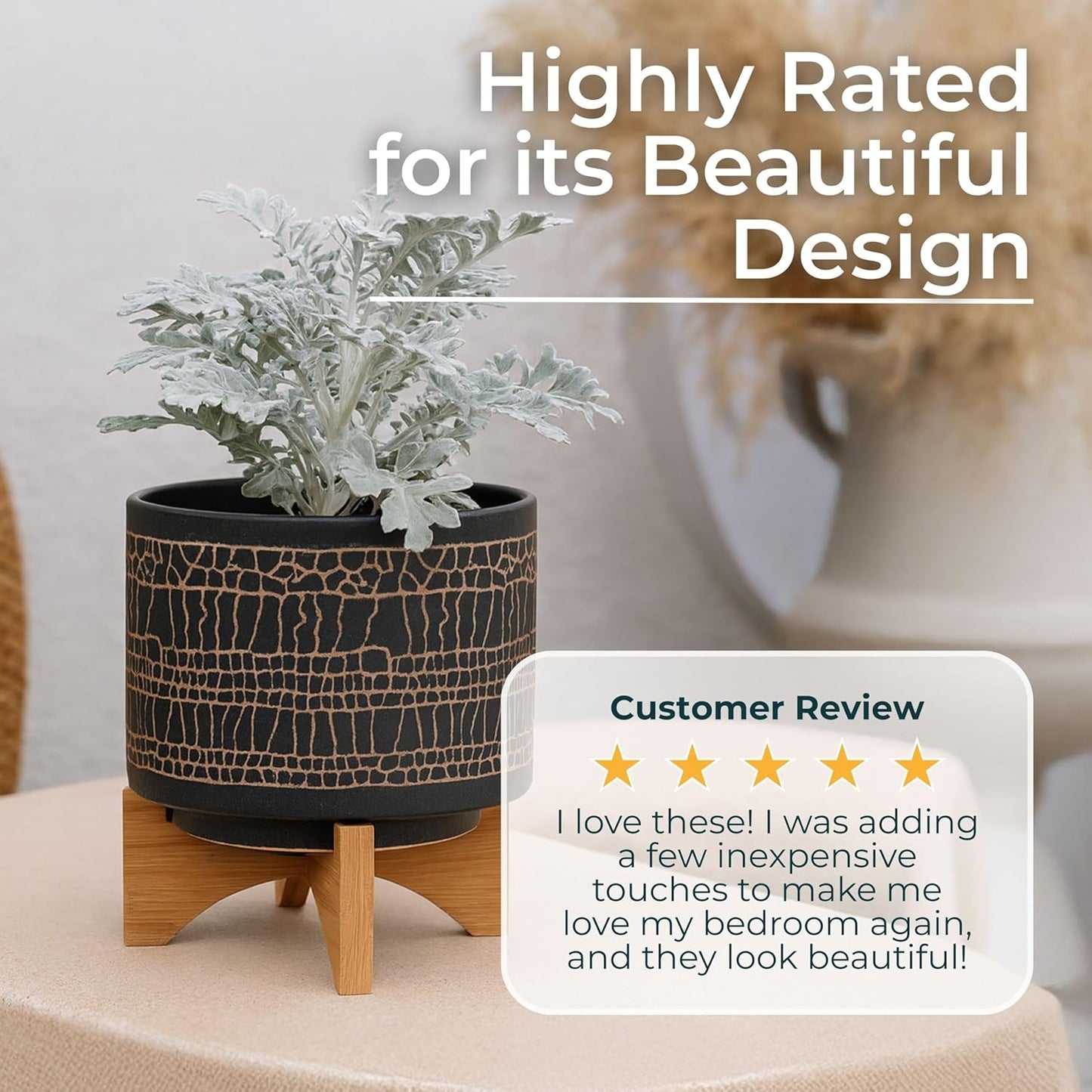 Glazed Decorative Planter Pot with Wood Stand – Ceramic Stoneware Outdoor & Indoor Plant Pot with Cracked Pattern – Modern Garden & Home Decor Planters – 9", Black