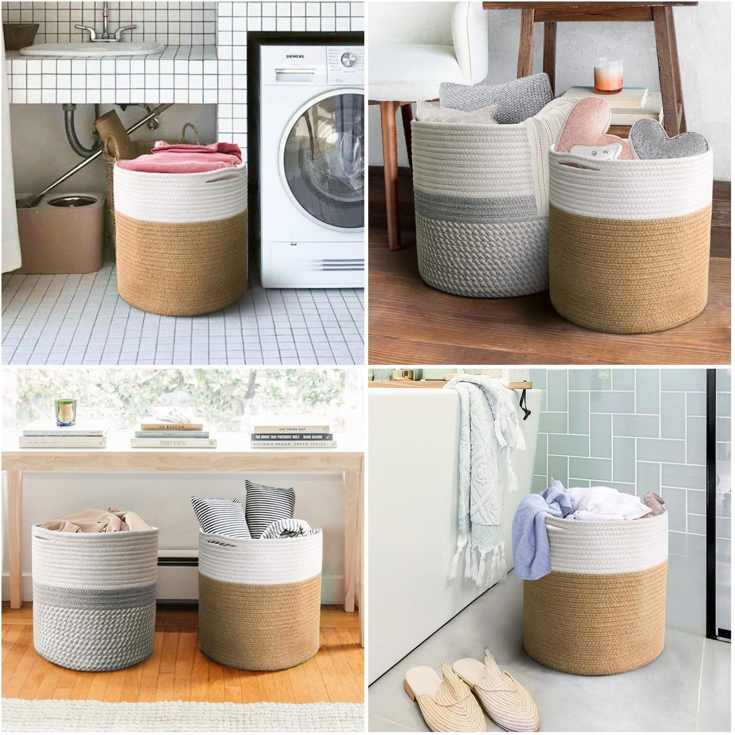 TIMEYARD Jute Rope Plant Basket Large Modern Woven Basket for 11'' Flower Pot Floor Indoor Planters, 12''x12'' Storage Baskets Rustic Home Decor White and Jute