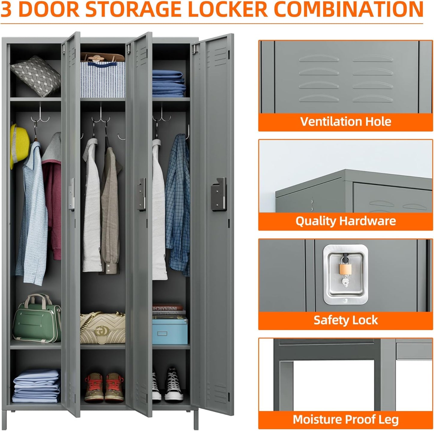 METAN Metal Locker for School Office Gym Bedroom,3 Doors Steel Storage Locker Cabinet for Employees,Industrial Storage Locker with 2 Shelves,Assembly Required (3 Door-Light Gray)