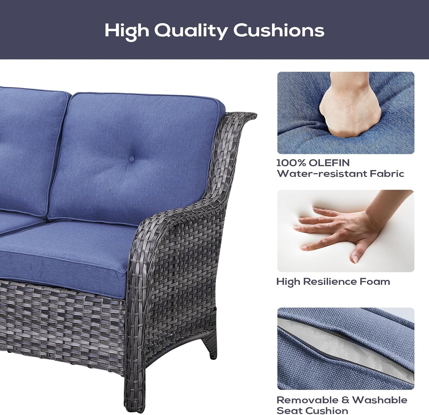 Outdoor Sectional Furniture Sofa Set with Propane Fire Pit Table, Wicker Patio Conversation Set with 2 Swivel Rocker Glider Chairs Blue Cushion Perfect for Backyard Casual Gathering