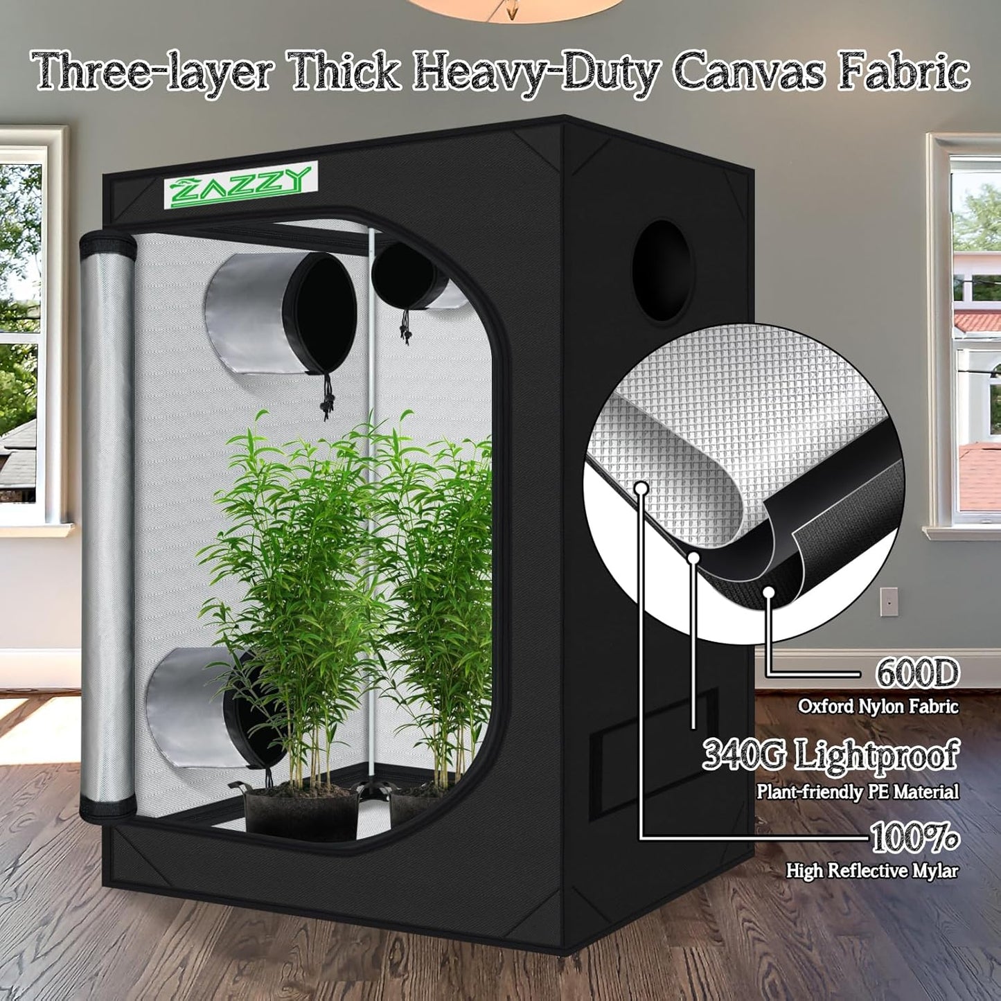 zazzy Indoor Grow Tent, 36"x60"x78" Mylar Hydroponic Plant Growing Tent with Observation Window and Waterproof Floor Tray for Plants Indoor