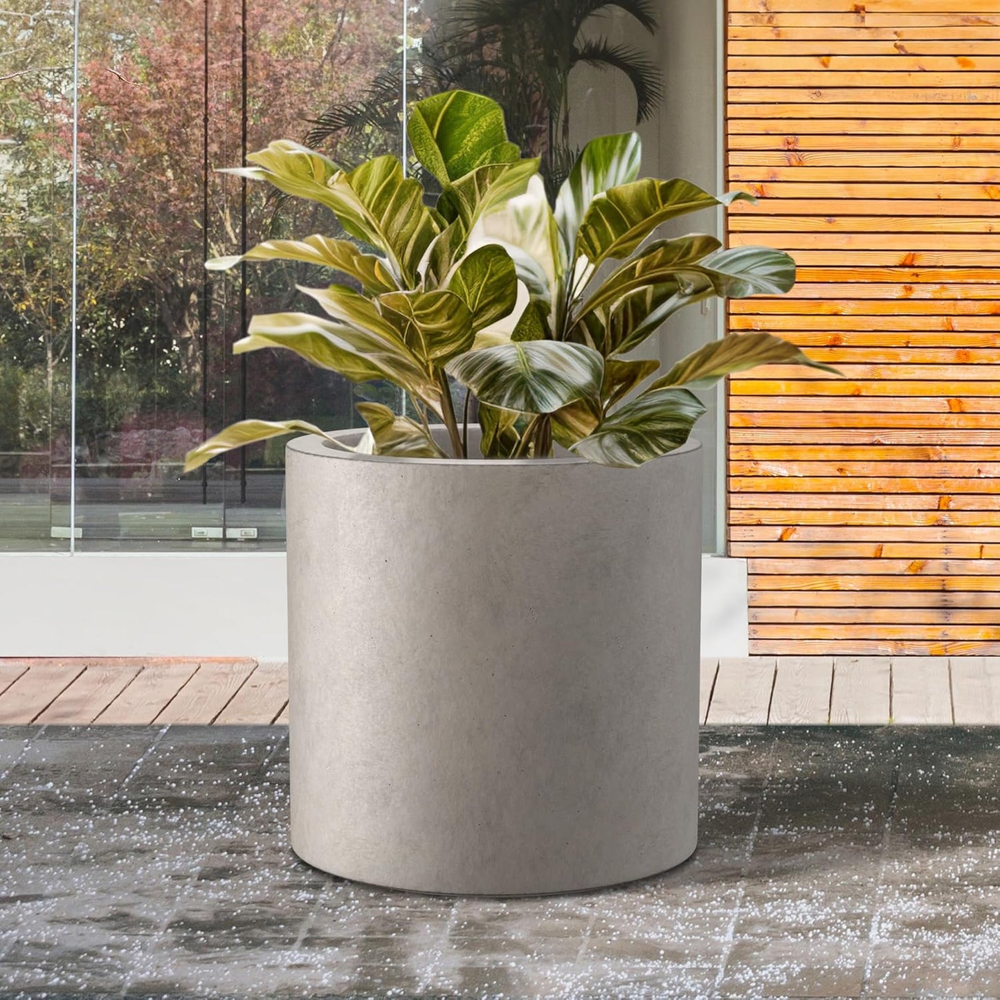 Kante 15.7" Dia Round Concrete Planter, Modern Style Large Cylindrical Plant Pot with Drainage Hole and Rubber Plug for Indoor Outdoor Patio, Weathered Concrete