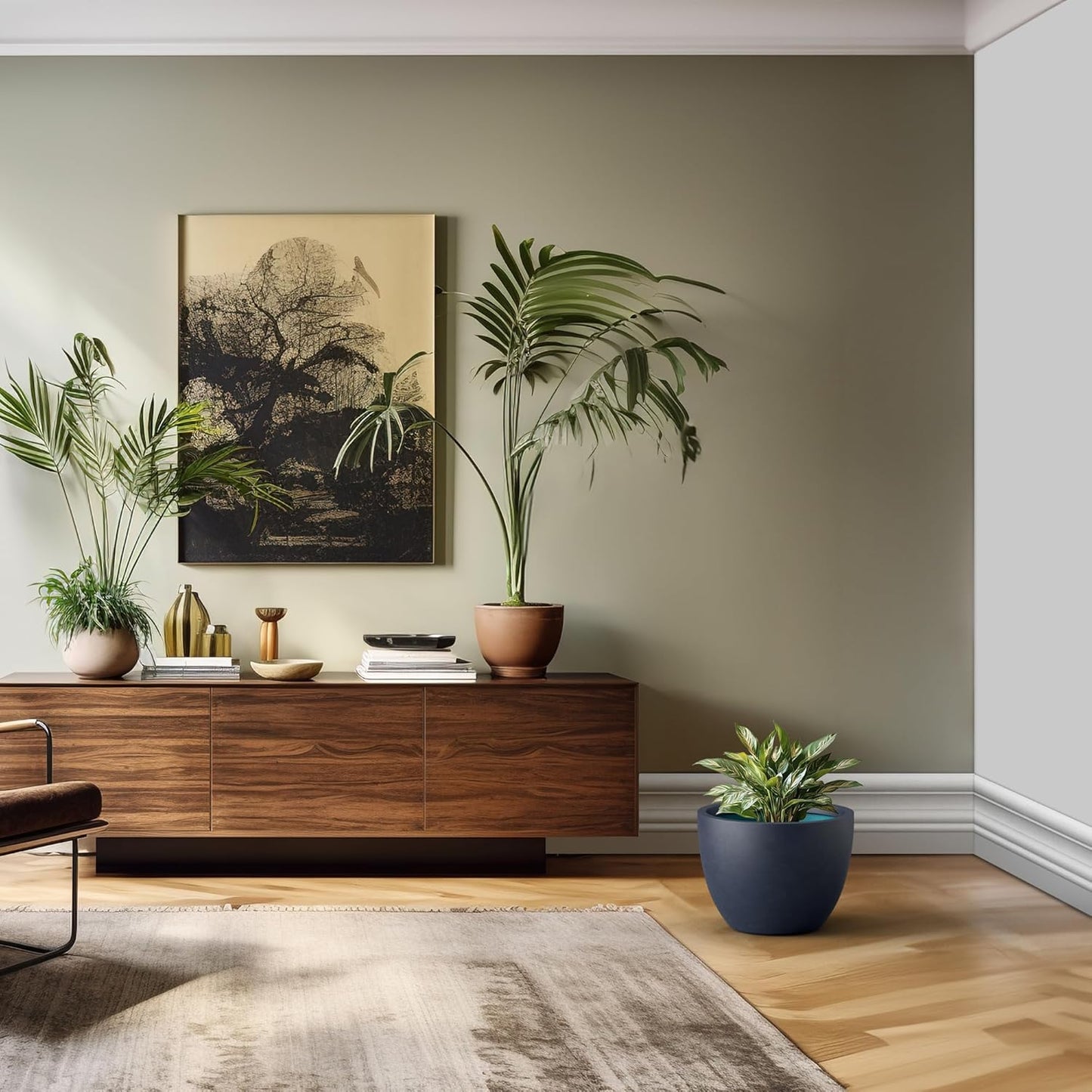 Kante 14.2 Inch Round Concrete Planter - Classic Large Indoor/Outdoor Plant Pot with Drainage Hole and Rubber Plug, Suitable for Gardens and Patios, Charcoal Finish with Forest Green Interior