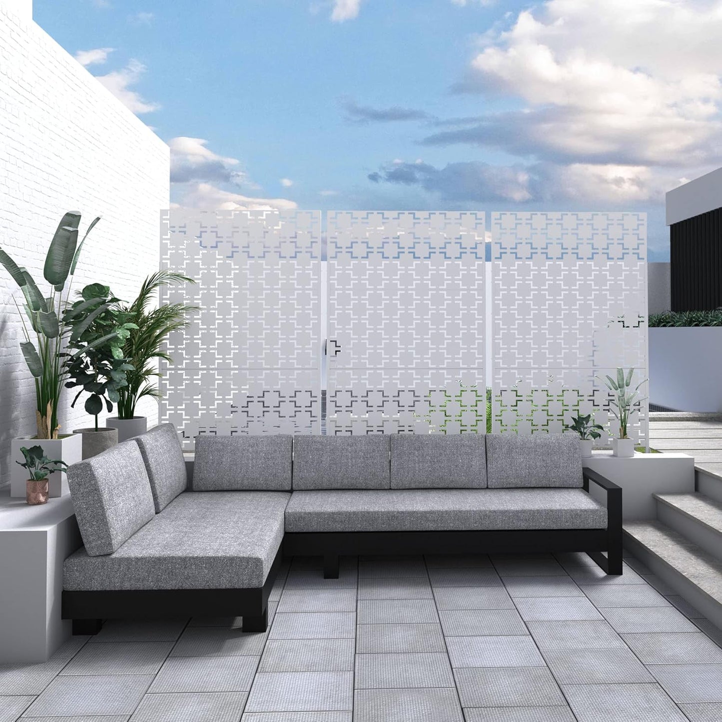 Metal Privacy Screen Outdoor 72" H×47" W,Freestanding Decorative Privacy Screen for Balcony Yard&Garden,Privacy Fence-White&Square