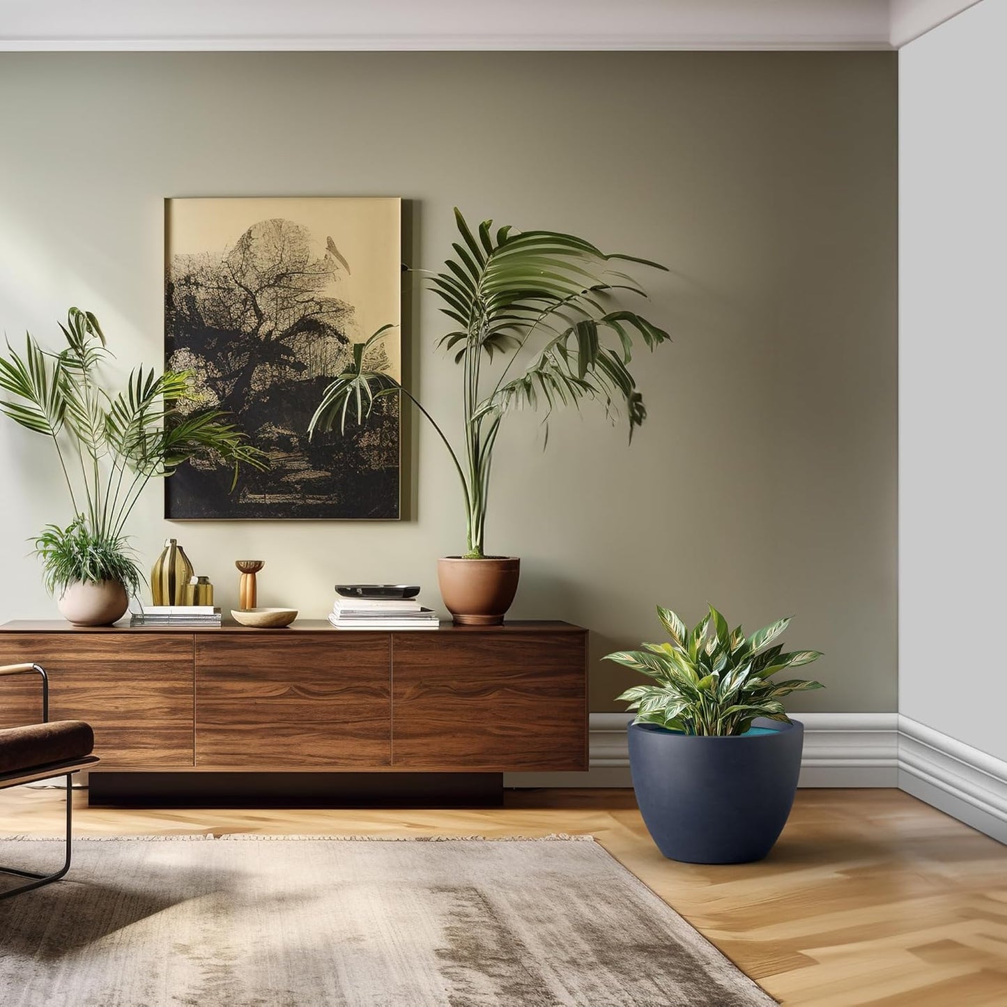 Kante 17.3 Inch Round Concrete Planter - Classic Large Indoor/Outdoor Plant Pot with Drainage Hole and Rubber Plug, Suitable for Gardens and Patios, Charcoal Finish with Forest Green Interior