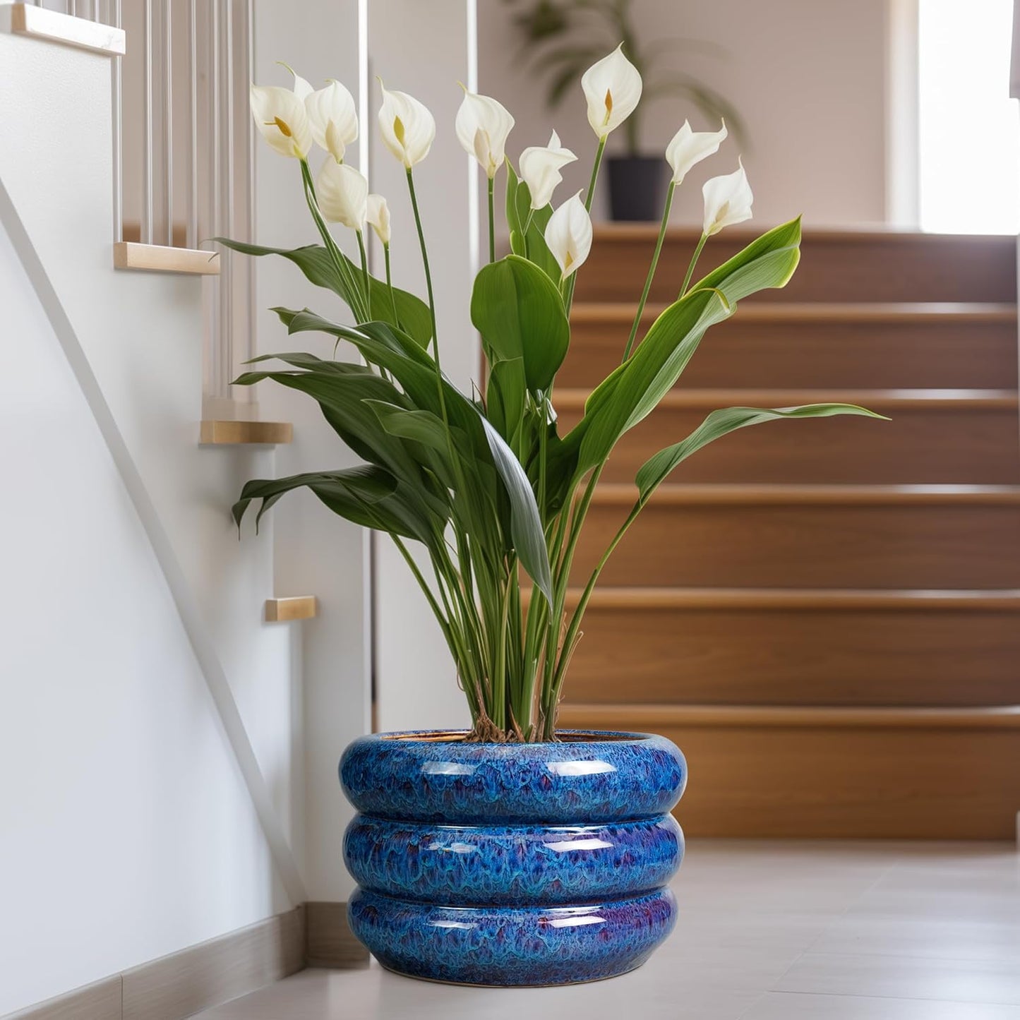 SQOWL Ceramic Pot for Plants 13.5 Inch - Outdoor Planter Large Plant Pot Indoor with Drainage Hole Round Flower Pot Mid-Century Planter for Patio Outdoor Decor Blue