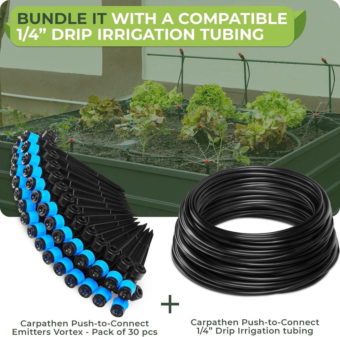 Carpathen 30pcs Drip Irrigation Emitters - 1/4" Drip Irrigation System Push-to-Connect - Adjustable 360 Degree Drip Emitters Vortex on 6" Sturdy Stake - Irrigation Drippers for Garden Watering System