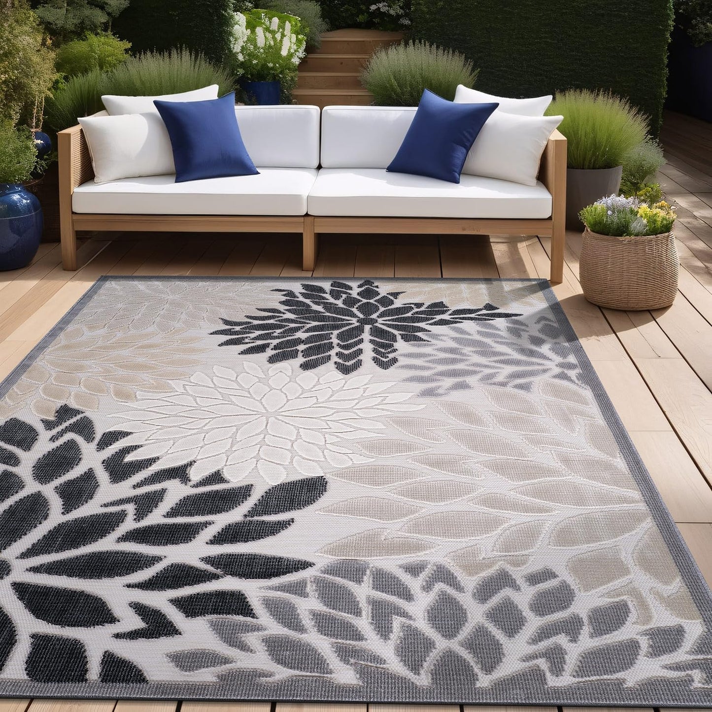 Beverly Rug Outdoor Rug 6x9 Modern Floral Tropical Area Rugs for Indoor and Outdoor Patio Easy to Clean Non Shedding Living Room Porch Garden Washable Outside Carpet (6 x 9 Beige)