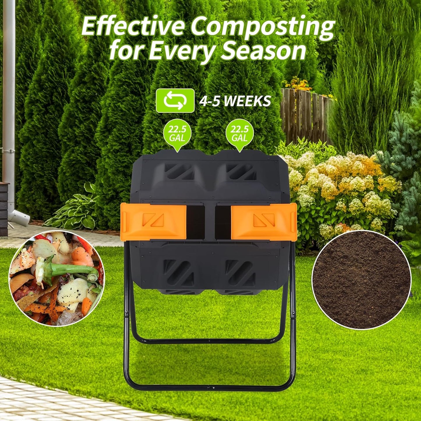 Outdoor Compost Bin 43 Gallon, Dual Chamber Tumbling Composter, Heavy-Duty Composting Bin for Garden, Kitchen, Yard, Kitchen Composter, Compost Bin Outdoor with Sliding Doors (Orange)