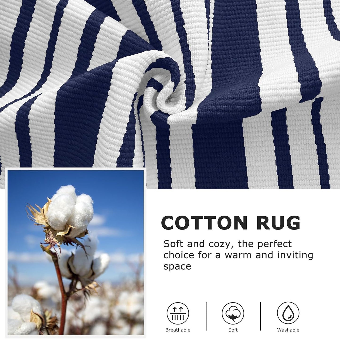 IOHOUZE Navy and White Striped Rug 3'x5' Front Door Rugs Outdoor, Washable Area Rug for Front Porch, Spring Summer Doormats Outdoor Indoor, Cotton Rugs for Entryway Porch Entrance