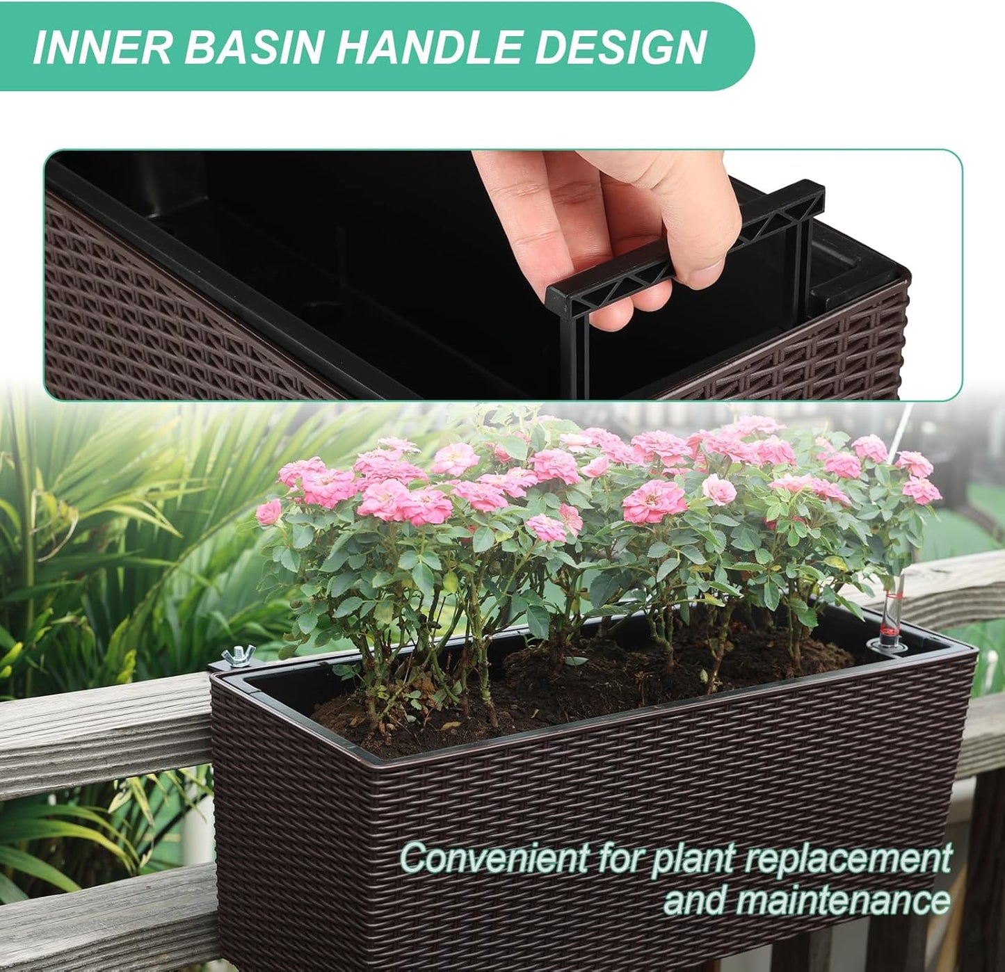 Aoodor 4Pcs 19.5" Rectangular Window Box Wall Mount/Railing Planter, Self-Watering Planter with Adjustable Bracket, for Fence, Balcony, Patio, and Outdoor Decor - Coffee