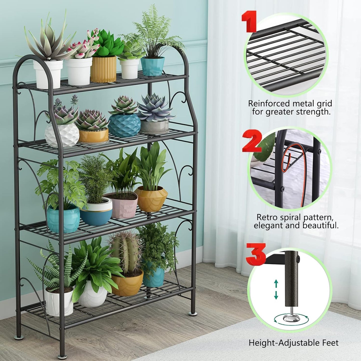 SORCEDAS Plant Stand Indoor Outdoor Plant Shelf 4 Tier Metal Corner Flower Stand Multiple Holder for Patio Garden Balcony Living Room, Dark Grey