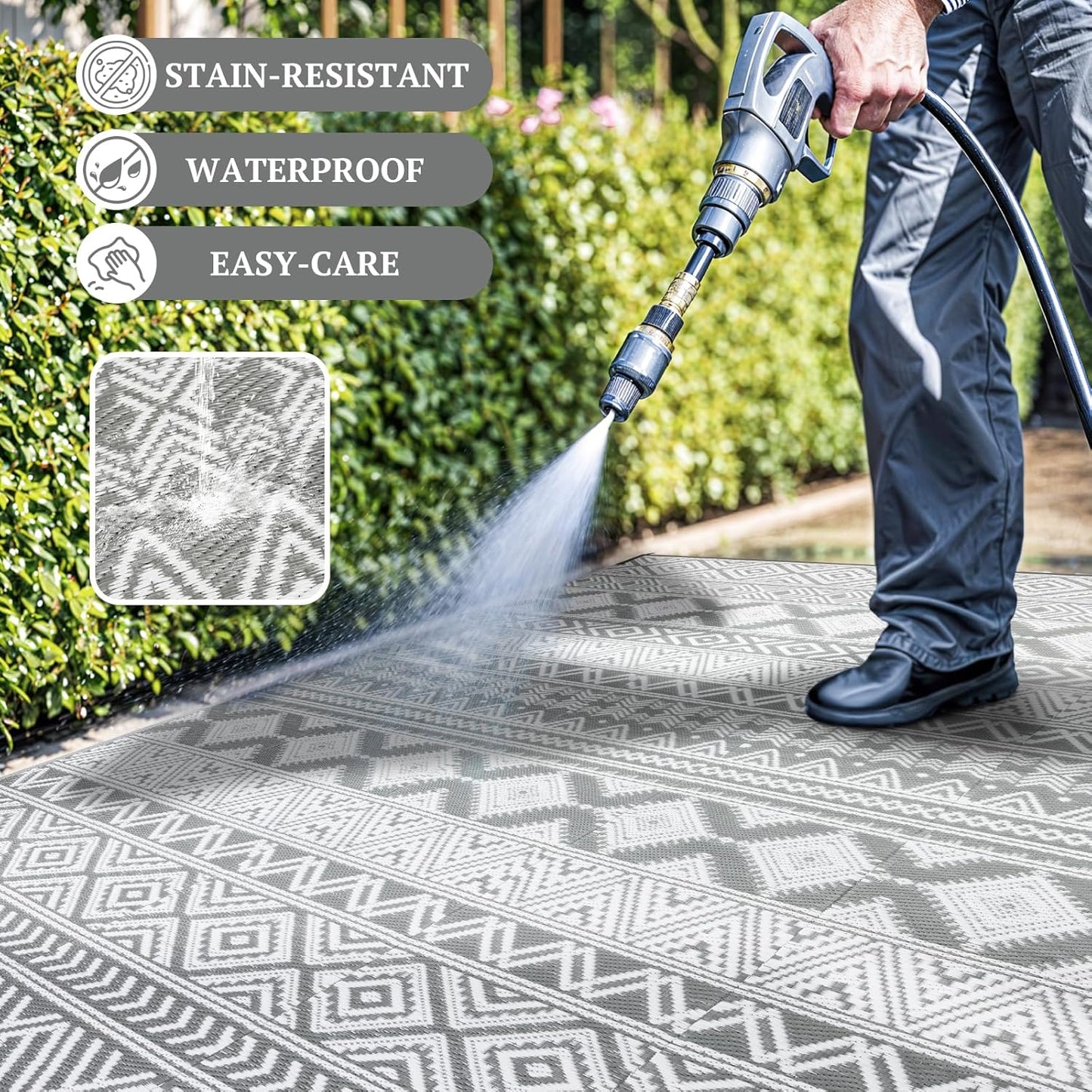 9'x12' Reversible Outdoor Rug - Eco-Friendly Plastic Straw Rug-Heavy-Duty Waterproof Mat, UV & Fade Resistant for Patio, Camping, RV, Deck, Balcony(9x12,Gray&White)