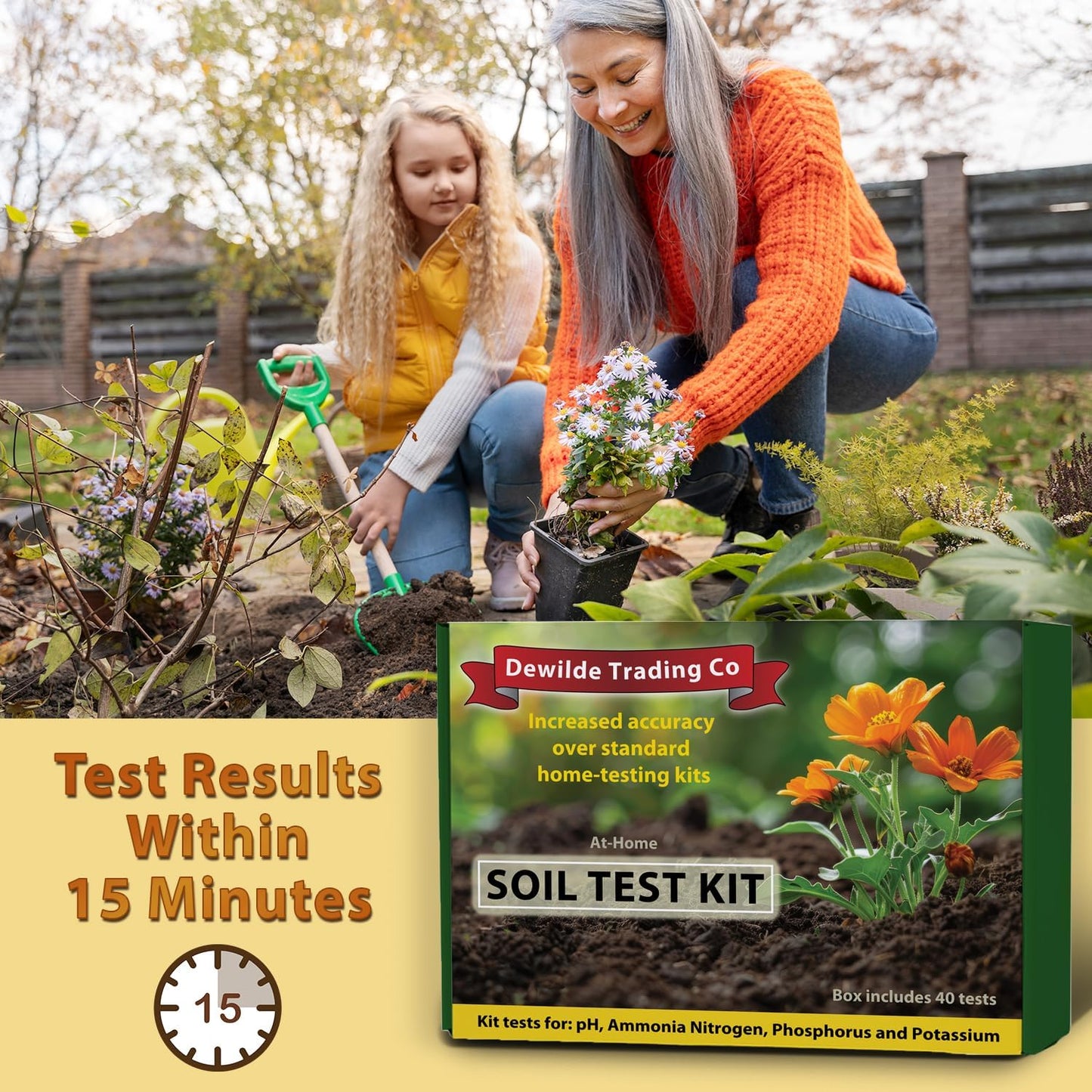 Premium Soil Test Kit: 40 Complete Tests for Lawns, Gardens, and Vegetables. Tests for Ammonia Nitrogen, pH, Phosphorus, and Potassium.