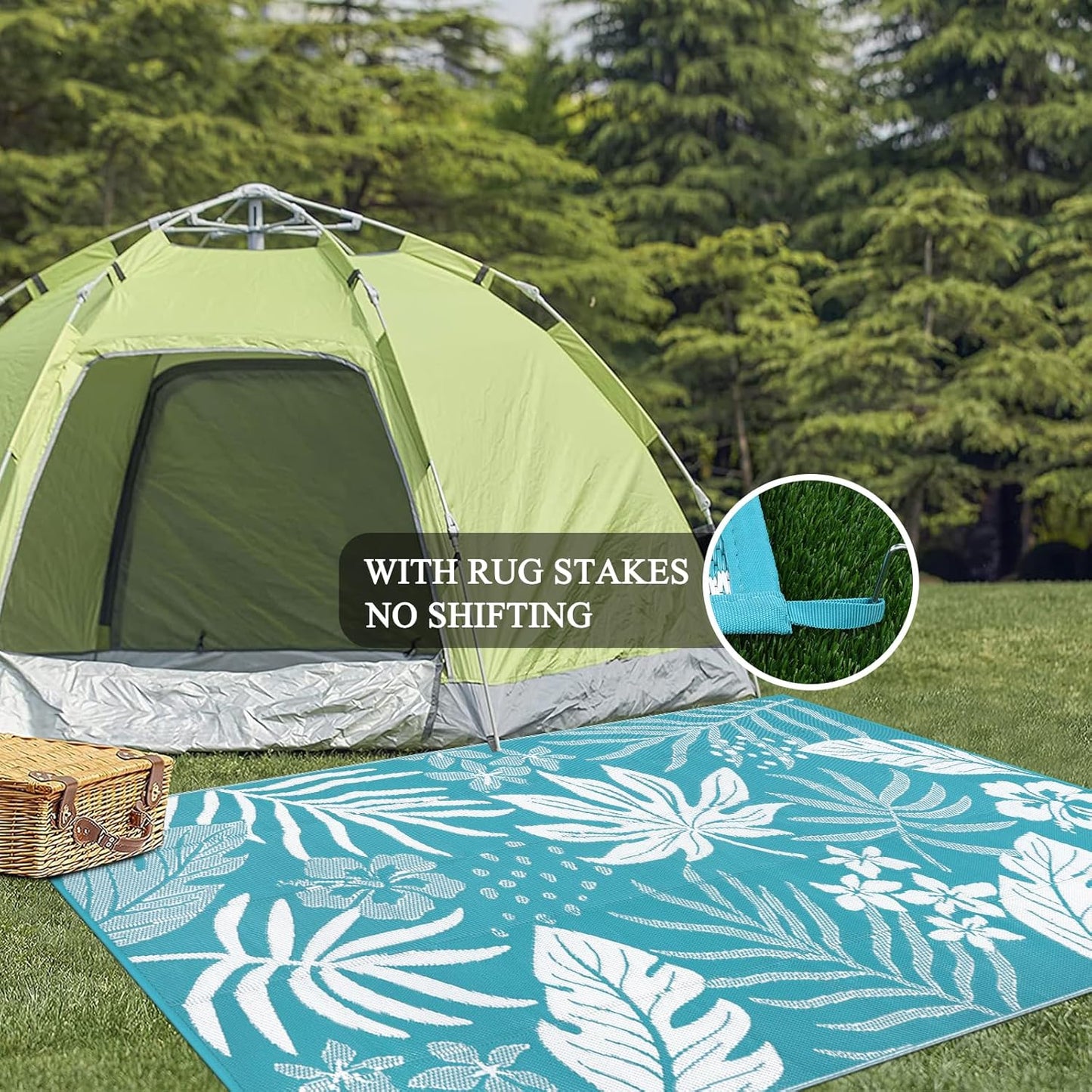 Pauwer Waterproof Outdoor Rug 5x8, Reversible Plastic Straw Patio Camping Rug, Indoor Outdoor RV Mat Carpet for Deck, Camper, Porch, Balcony, Backyard, Picnic, Floral Teal