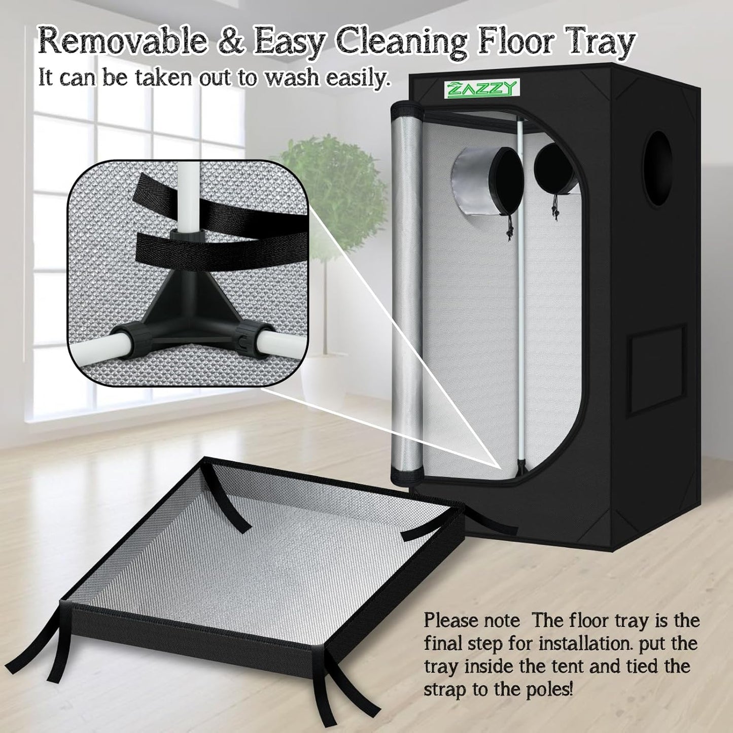 zazzy 2x2 Grow Tent 24"x24"x48"600D Mylar Hydroponic Indoor Plant Grow Tents with Observation Window, Tool Bag and Removable Waterproof Floor Tray for Plants