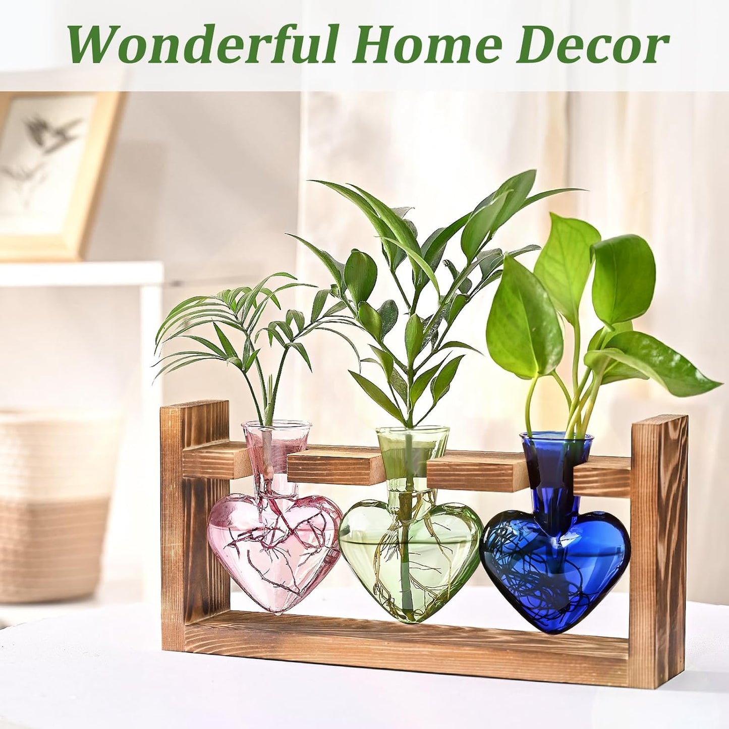 Lifecapido Heart Shaped Propagation Stations, Plant Terrarium with Wooden Stand, Plant Propagation Station for Hydroponics Office Garden Home Decor, Gifts for Women Plant Lover (3 Vases, Multicolor)