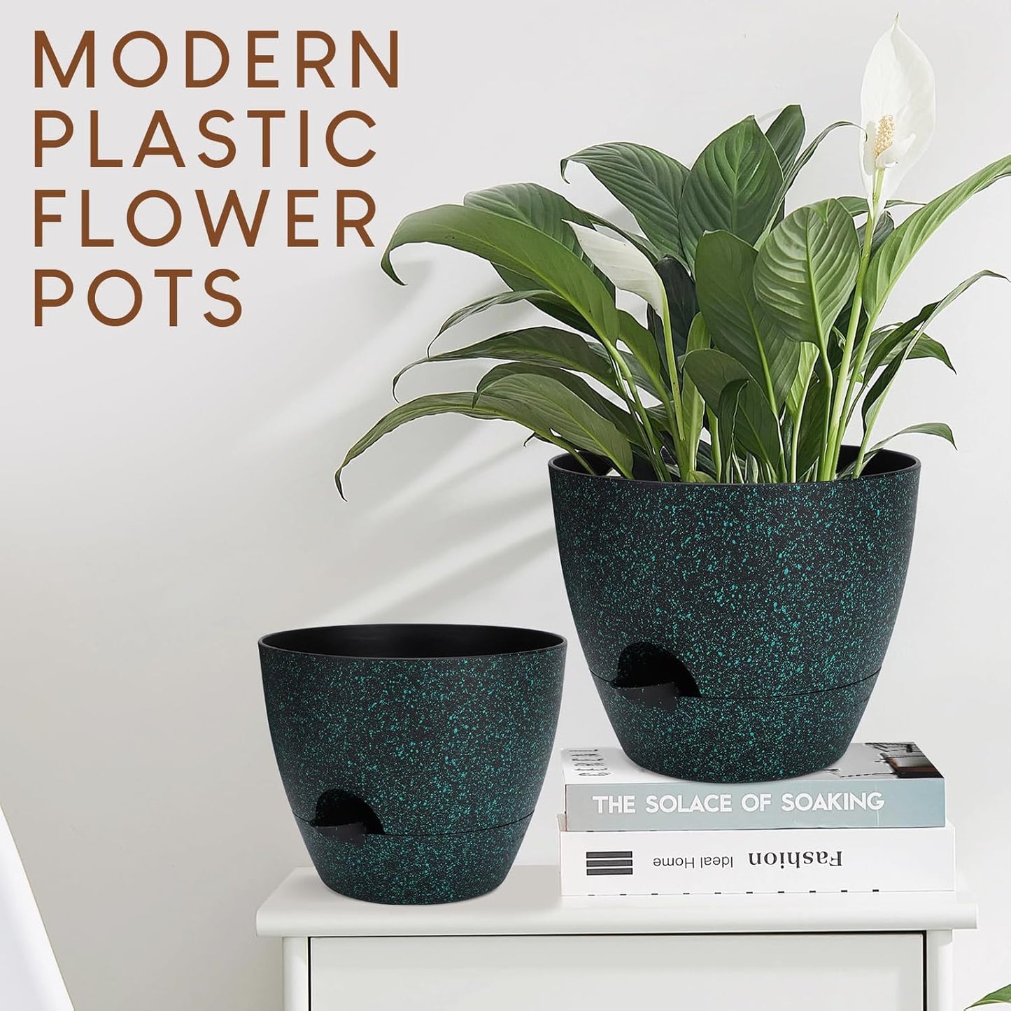 Plant Pots 10/9/8/7.5/7 inch, Self Watering Planters with Drainage Holes & Saucers for Indoor and Outdoor Plants (Green Speckles)