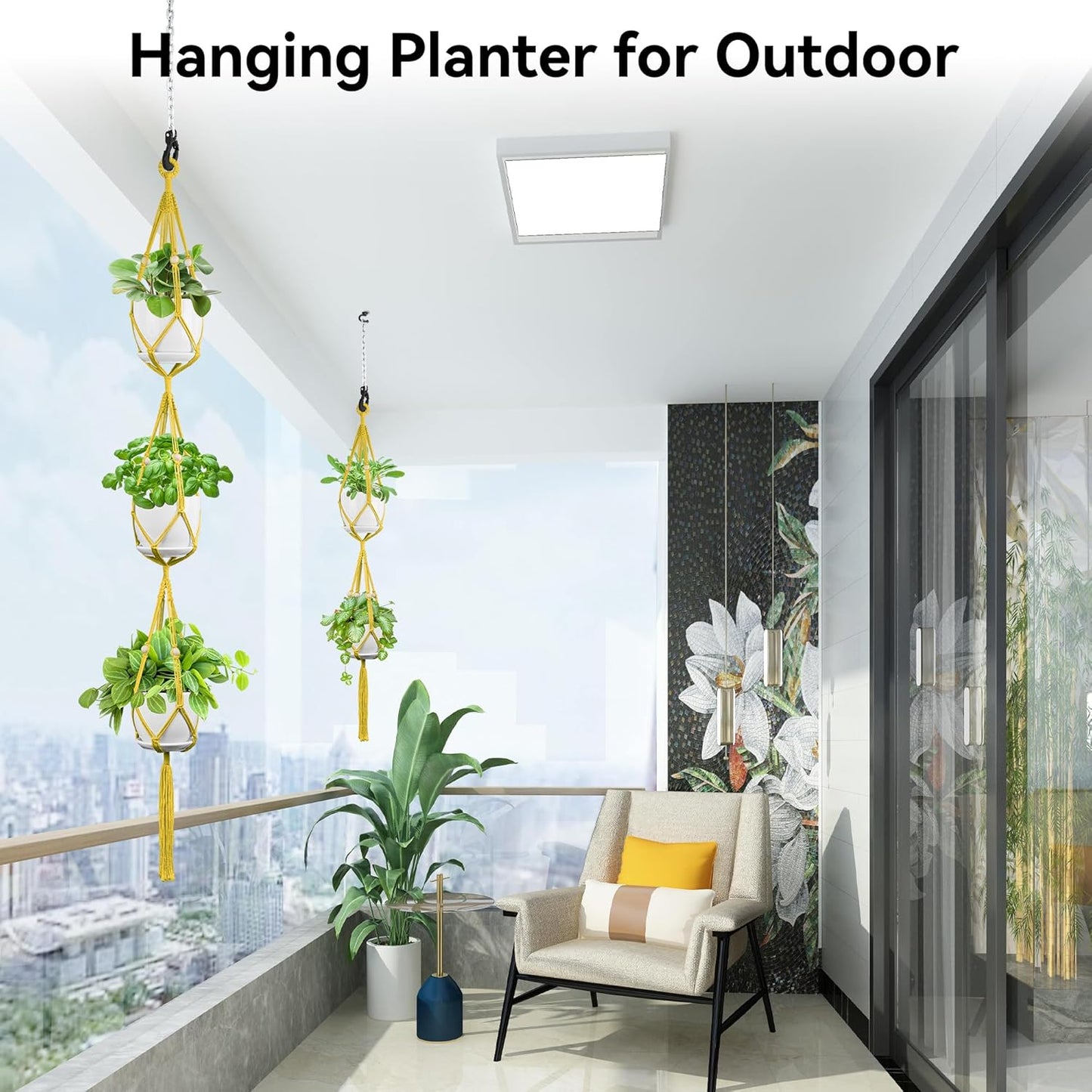USLAI Macrame Plant Hanger Indoor Outdoor, Up to 4-15 inch Pot, Heavy 20lb Planters, Extra Long Strong Hanging Planter Basket Holder, Boho Home Decor, 49+72 Inch, Yellow (POTS NOT Included)