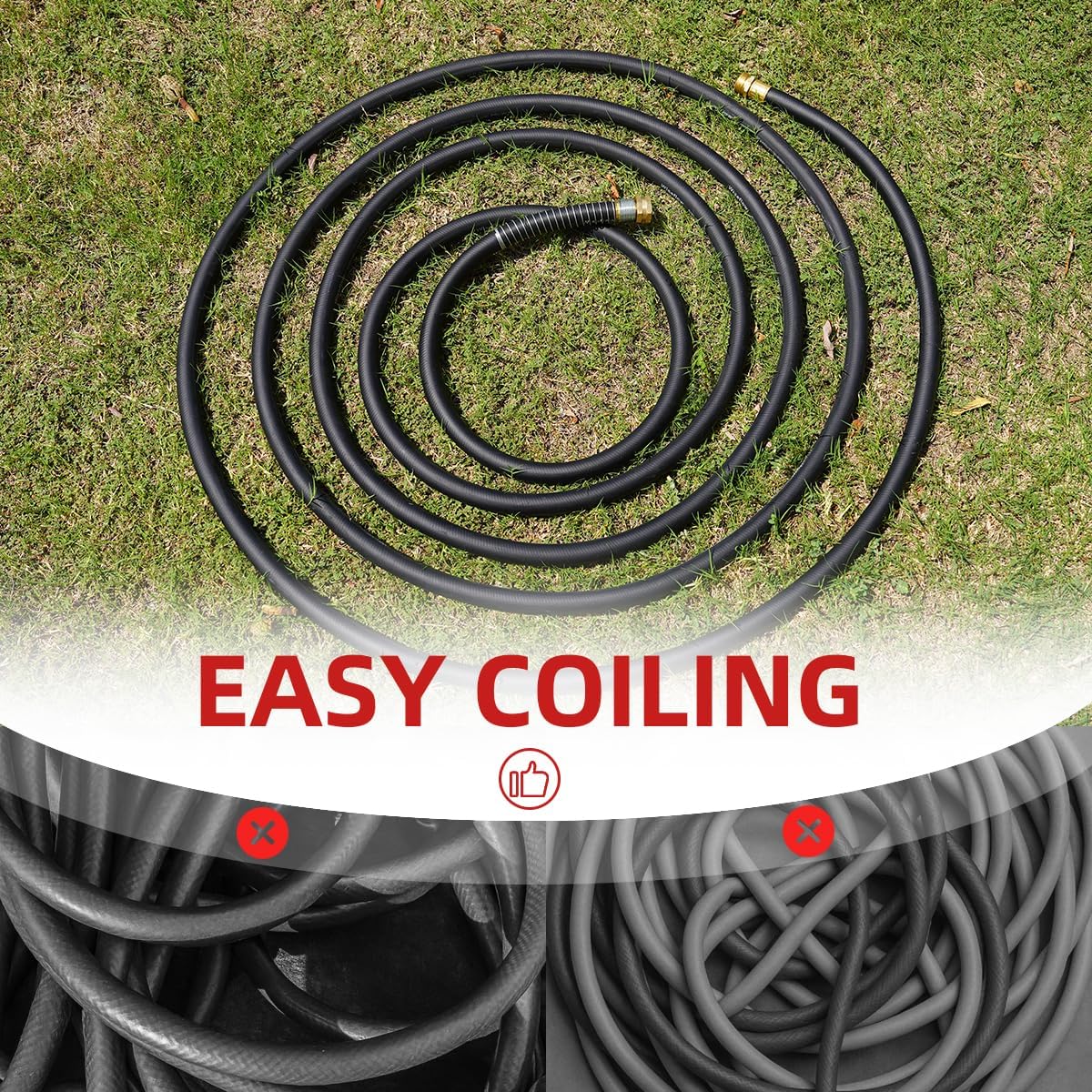 WiseFlow Garden Hose 75FT x 3/4", Heavy Duty Rubber Hose, 1000PSI Burst, 300PSI Working, Water Hose with Five Layered Braiding, Male Female Fittings (Black)