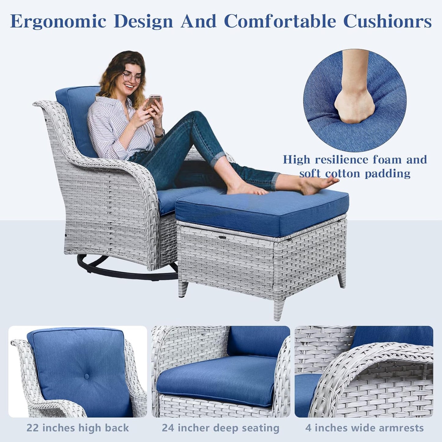 5 Piece Outdoor Patio Furniture Set - Patio Wicker Furniture Conversation Set, Outdoor Swivel Rocker Chairs with Loveseat Sofa and 2 Ottomans for Small Space, Blue Cushion