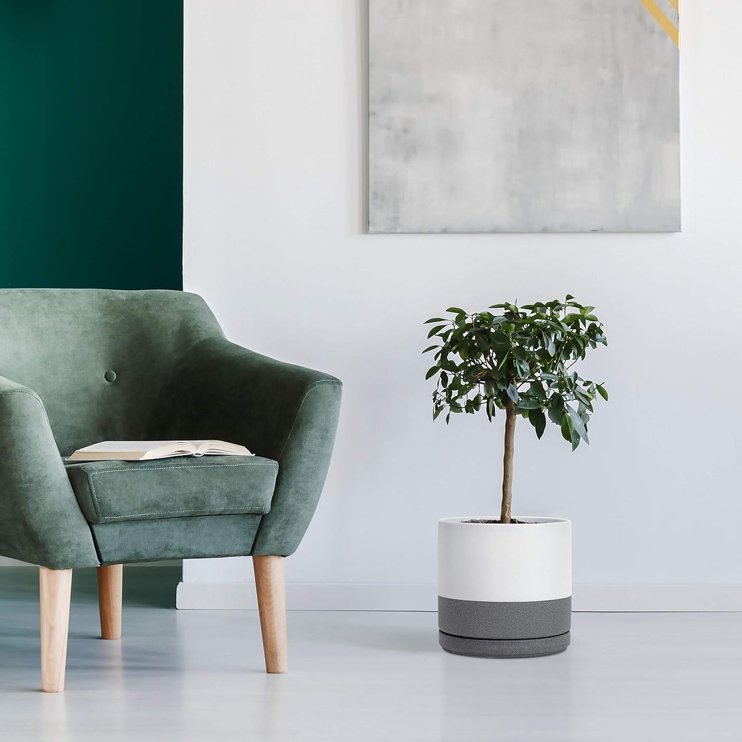 D'vine Dev Set of 2 Plants Pots, 10 Inch Ceramic Planter Pot for Plants with Drainage Hole and Saucer, White/Speckled Grey, 94-V-E-6