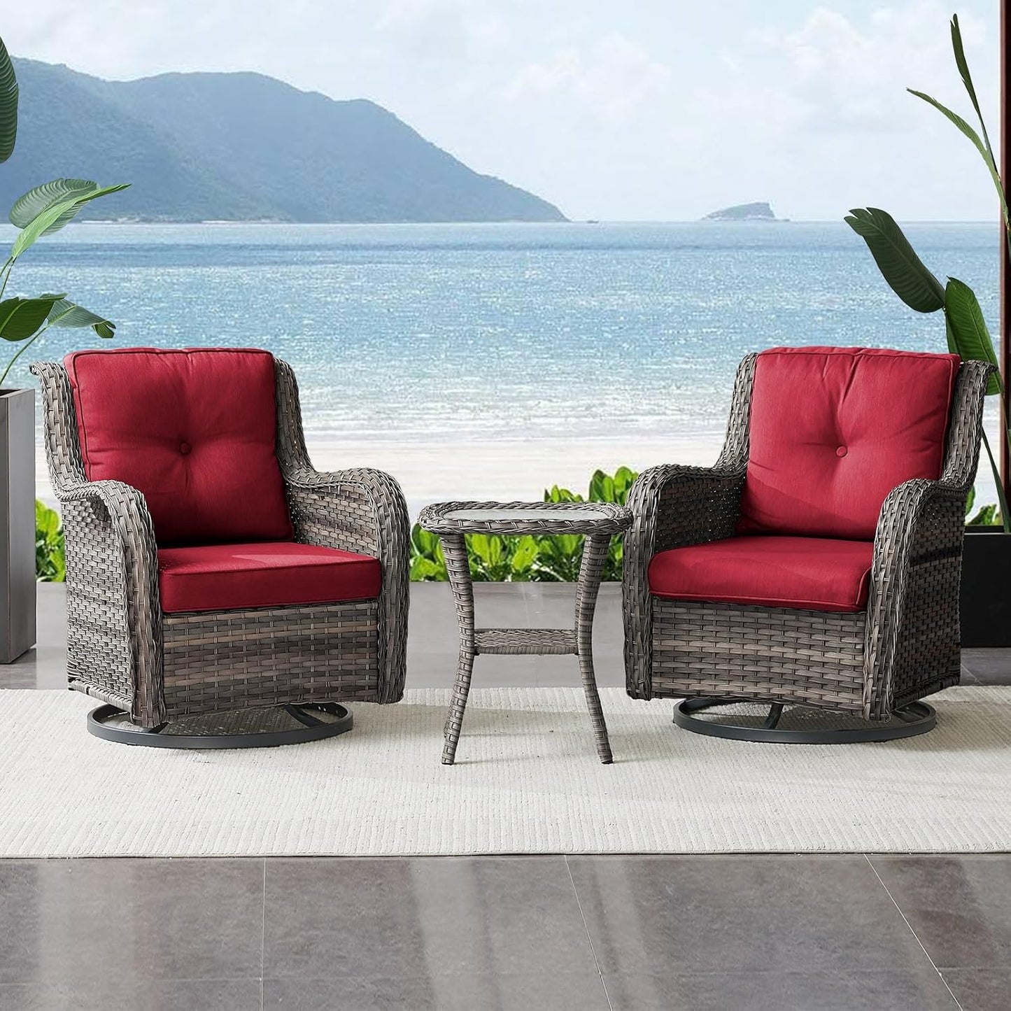 Outdoor Swivel Rocker Wicker Chairs Set of 3, High Back Swivel Patio Chairs Wicker Furniture Set, 2 PCS Rattan Swivel Rocking Chair with Side Table, Red Cushion