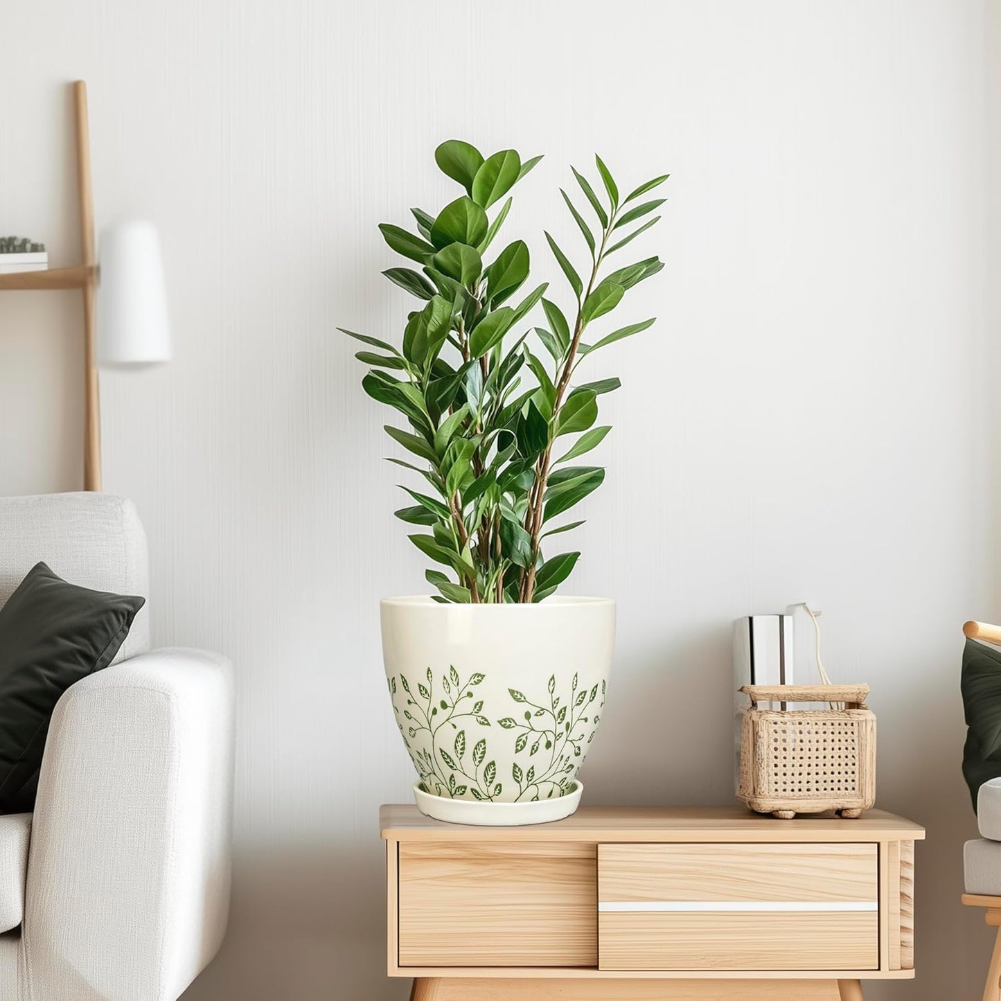 Ceramic Planter for Indoor Plants - 8.2 Inch Plant Pot with Drainage Hole and Saucer, Boho Round Planter for Indoor Outdoor Flowers, Plant Lover Gifts, Home Garden House Decor, White