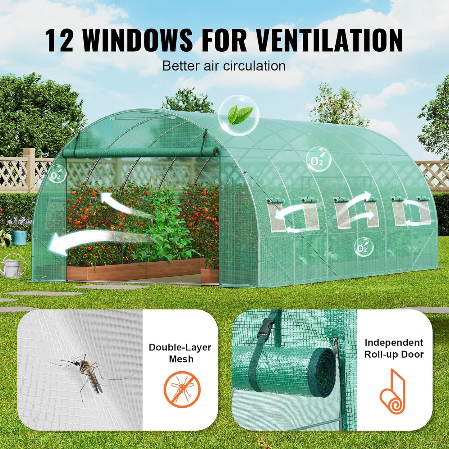 VEVOR Walk-in Tunnel Greenhouse, 19.4x9.7x6.5 ft Hoop House Greenhouse Tunnel, Plant Hot House with Galvanized Steel Frame, Green PE Cover, Roll-up Zipper Door and 12 Windows for Outdoor
