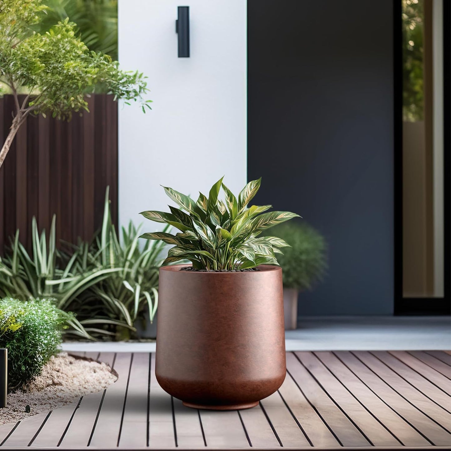 Kante 15.3" Dia Round Concrete Planter, Outdoor Indoor Large Plant Pots Containers with Drainage Hole and Rubber Plug for Home Garden Patio, Rusty