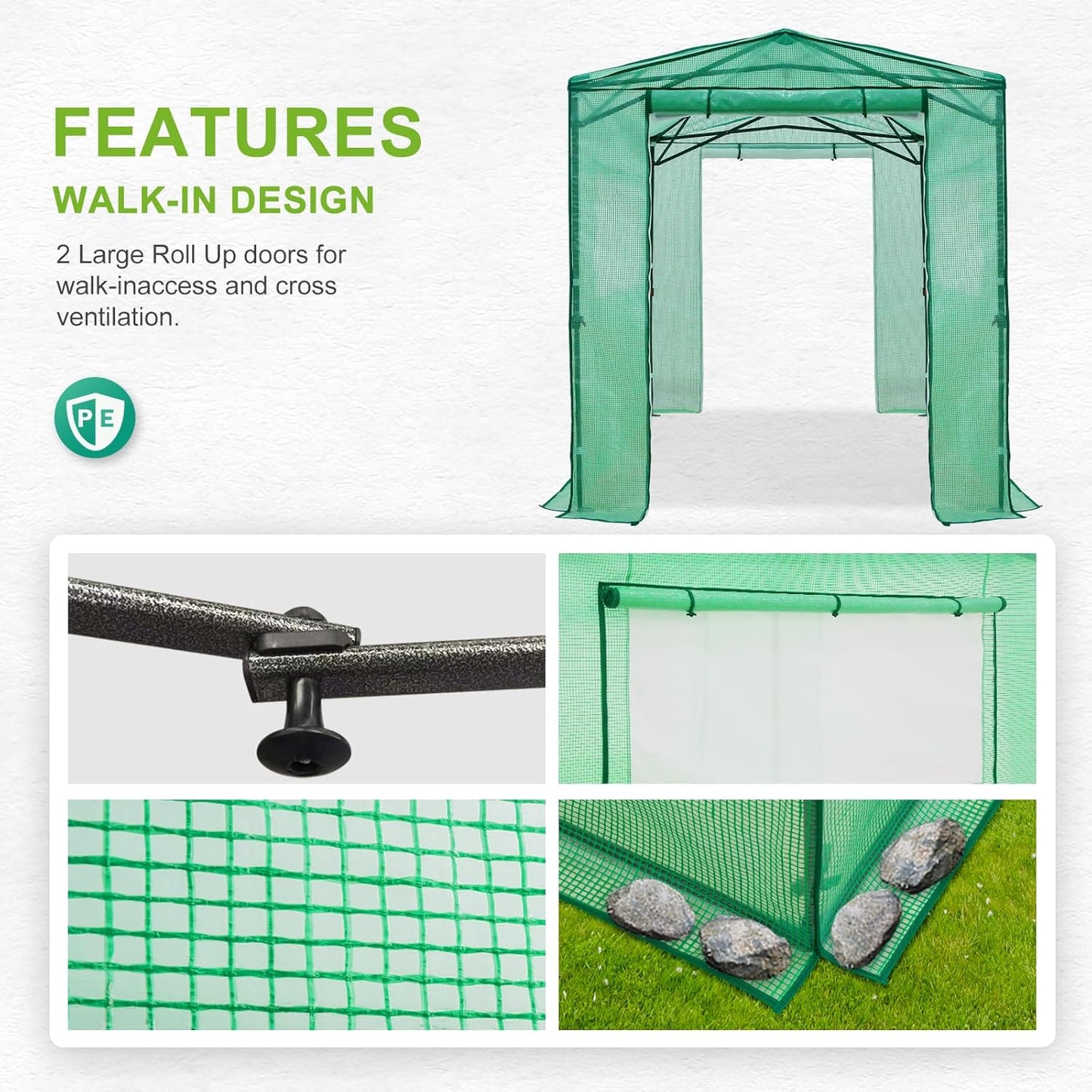 EAGLE PEAK 8x6 Portable Walk-in Greenhouse Instant Pop-up Indoor Outdoor Plant Gardening Green House Canopy with Dual Roll-up Zipper PE Door & Upgraded Screen Mesh Door, PE Cover, Green/Clear