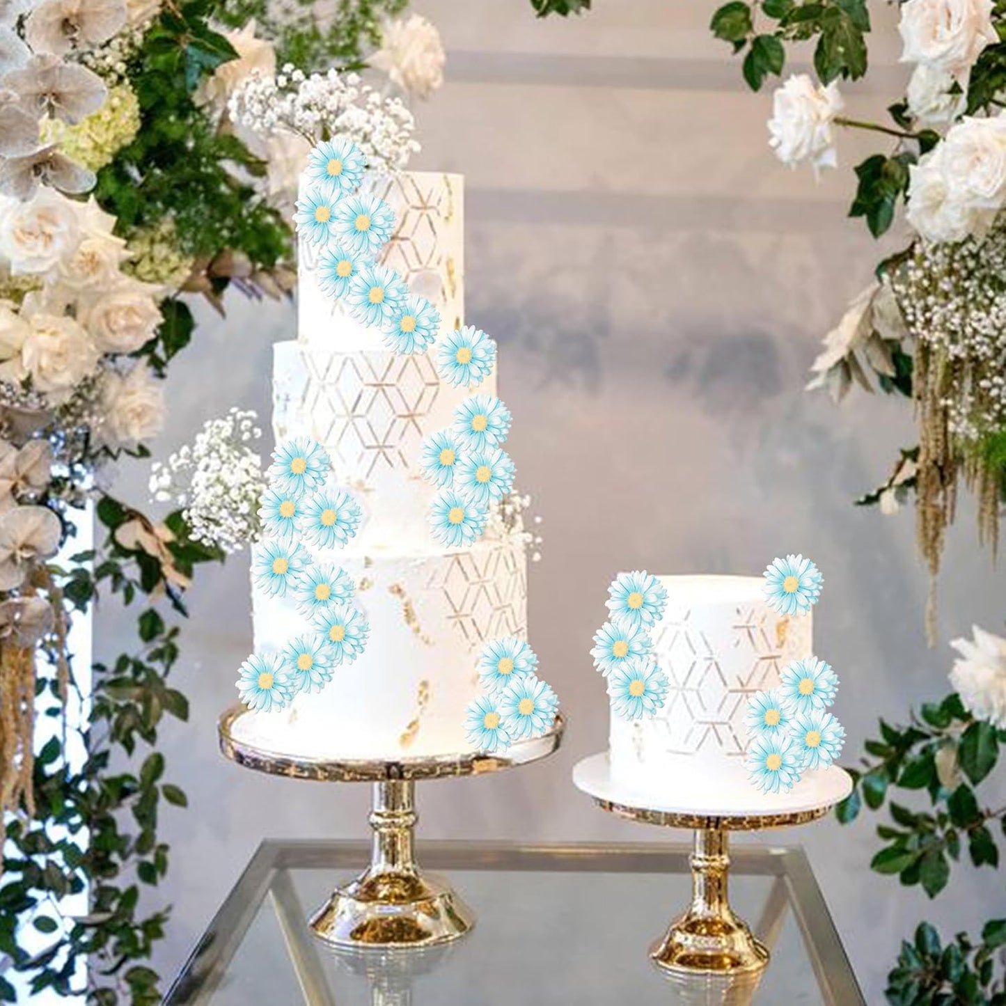 60 PCS Edible Daisy Cupcake Toppers Wafer Paper Daisy Cupcake Picks Edible Daisies Wildflower Birthday Party Decorations for Baby Shower Wedding Birthday Party Cake Food Decorations Supplies Blue