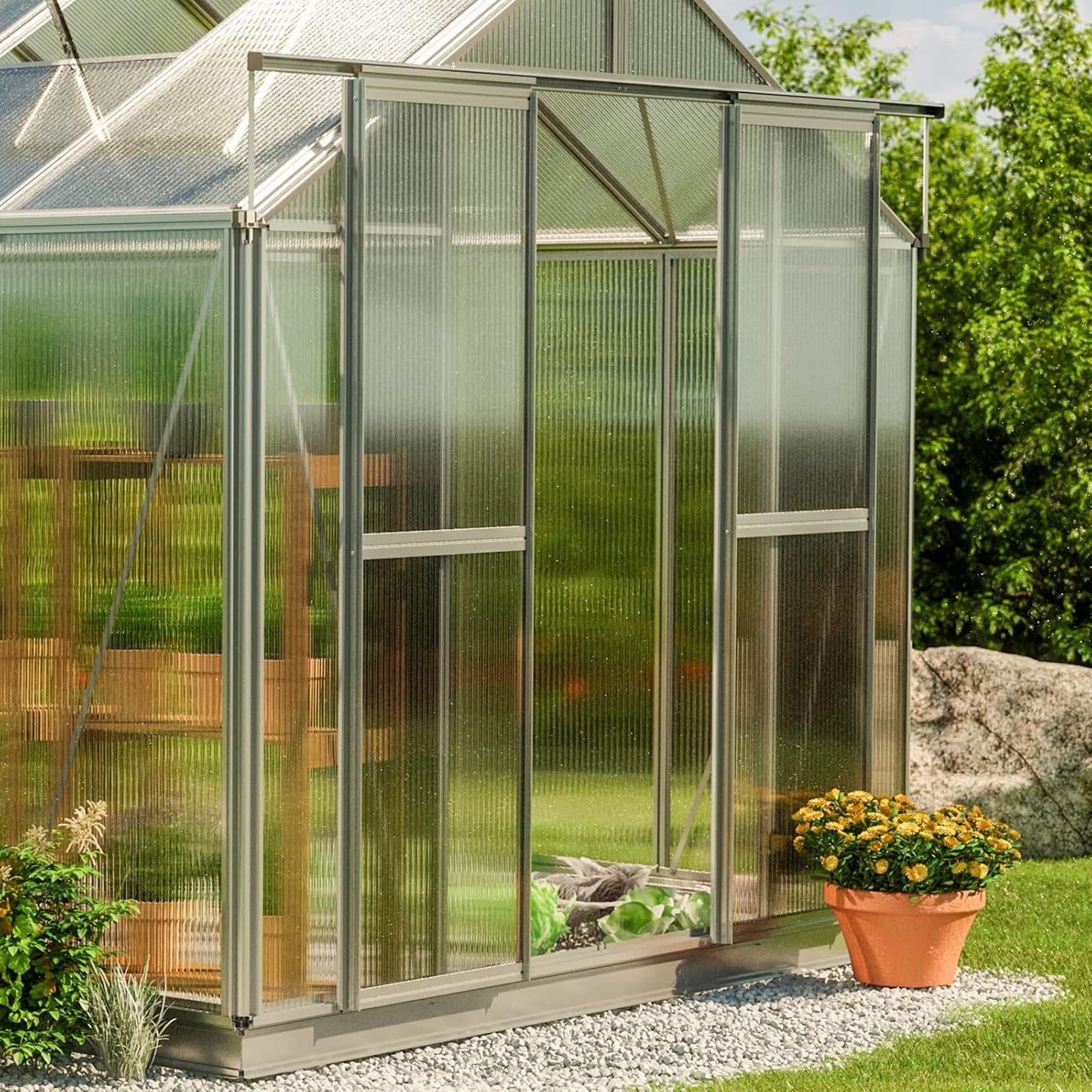 Greenhouse Saphir 6 Aluminum Frame 8.5 x 12.6 ft Approx. 8 mm Polycarbonate Panels - with Bonus Base Frame and Automatic Vent Opener